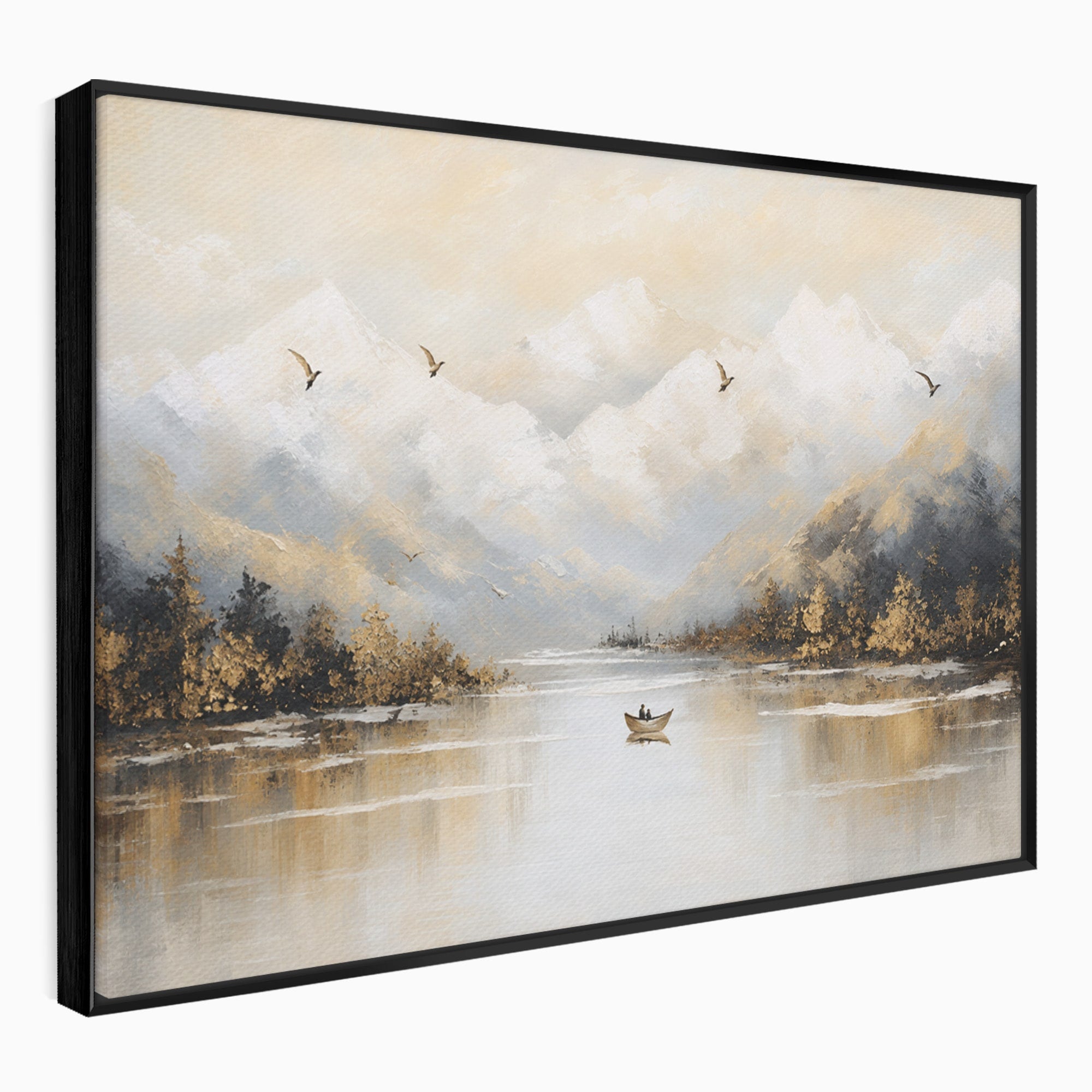 Tablou Canvas Premium LuxCanva® A1683, Peisaj Montan Cu Barca, Peisaj, Munti, Barca, Natura, Lac, Living, Culori Vibrante