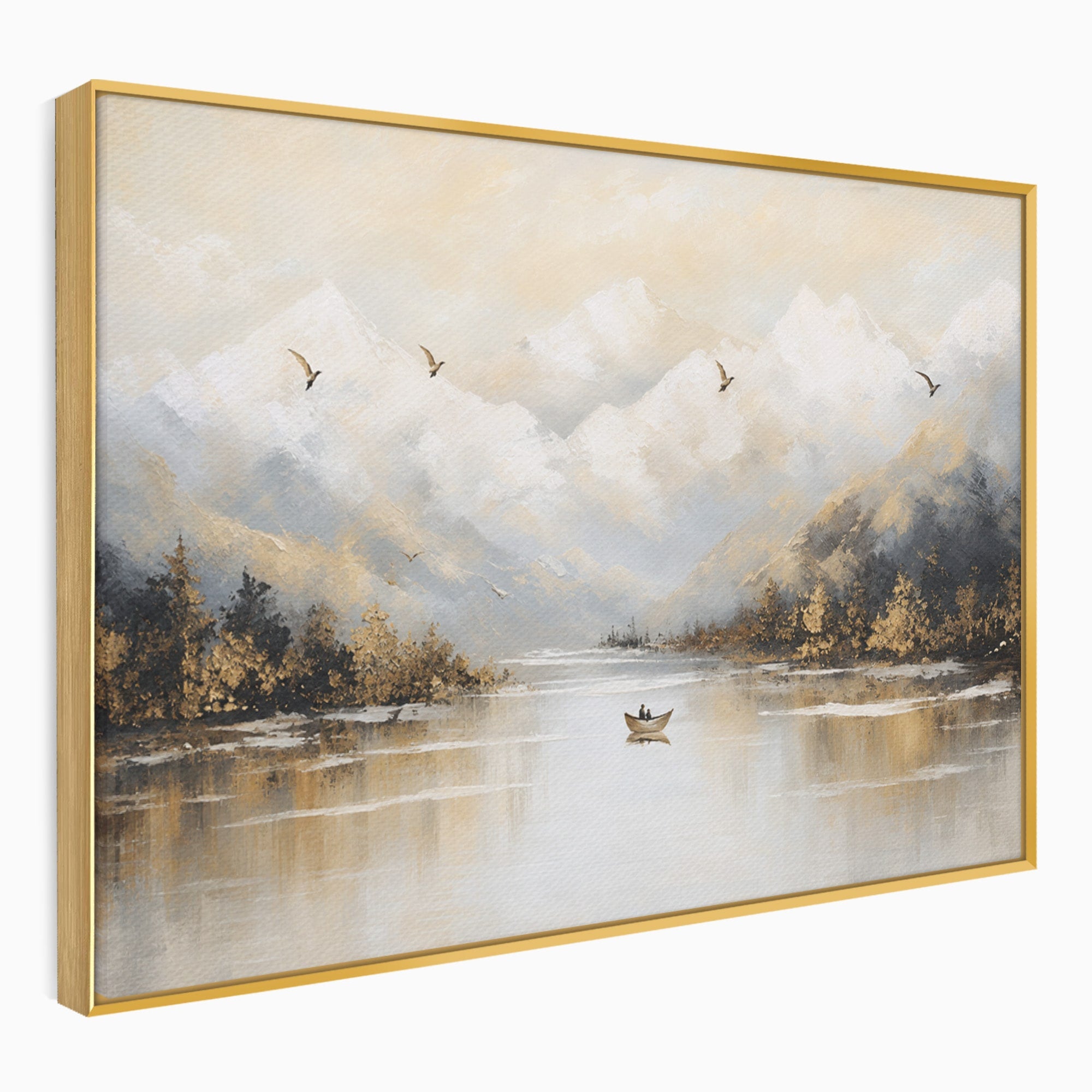 Tablou Canvas Premium LuxCanva® A1683, Peisaj Montan Cu Barca, Peisaj, Munti, Barca, Natura, Lac, Living, Culori Vibrante