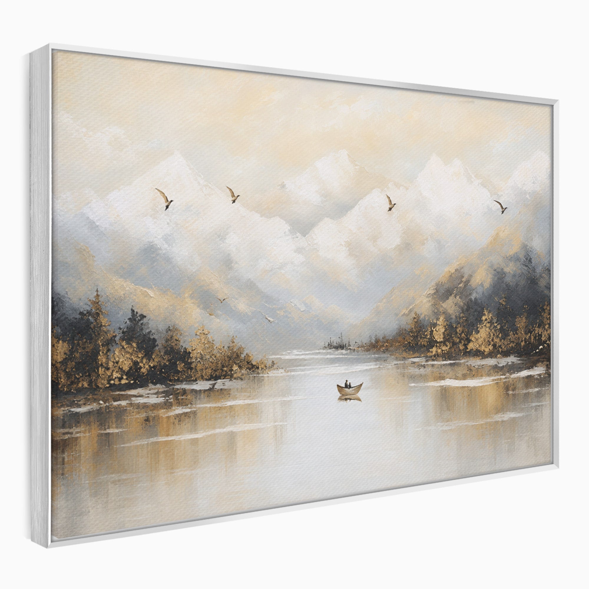 Tablou Canvas Premium LuxCanva® A1683, Peisaj Montan Cu Barca, Peisaj, Munti, Barca, Natura, Lac, Living, Culori Vibrante