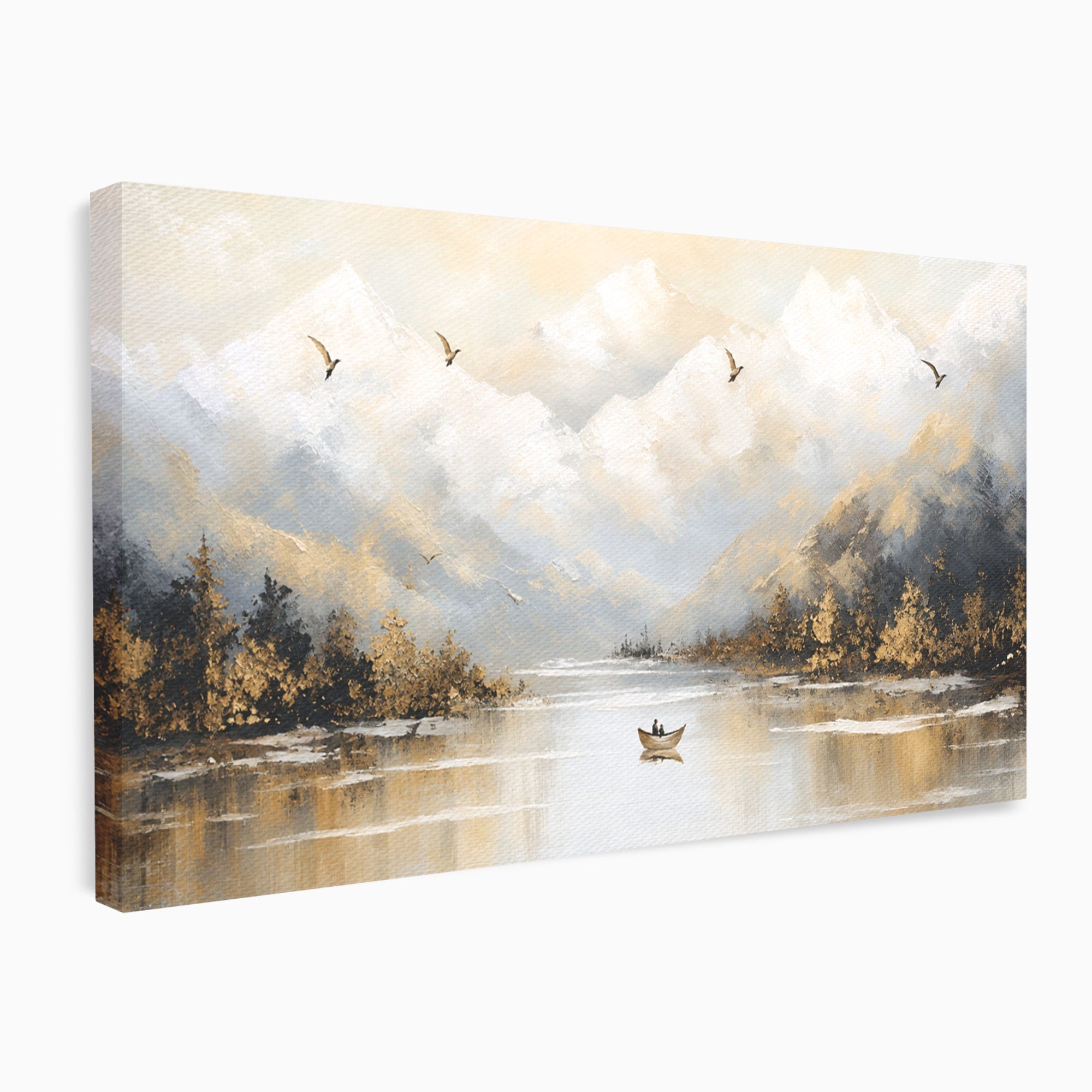 Tablou Canvas Premium LuxCanva® A1683, Peisaj Montan Cu Barca, Peisaj, Munti, Barca, Natura, Lac, Living, Culori Vibrante