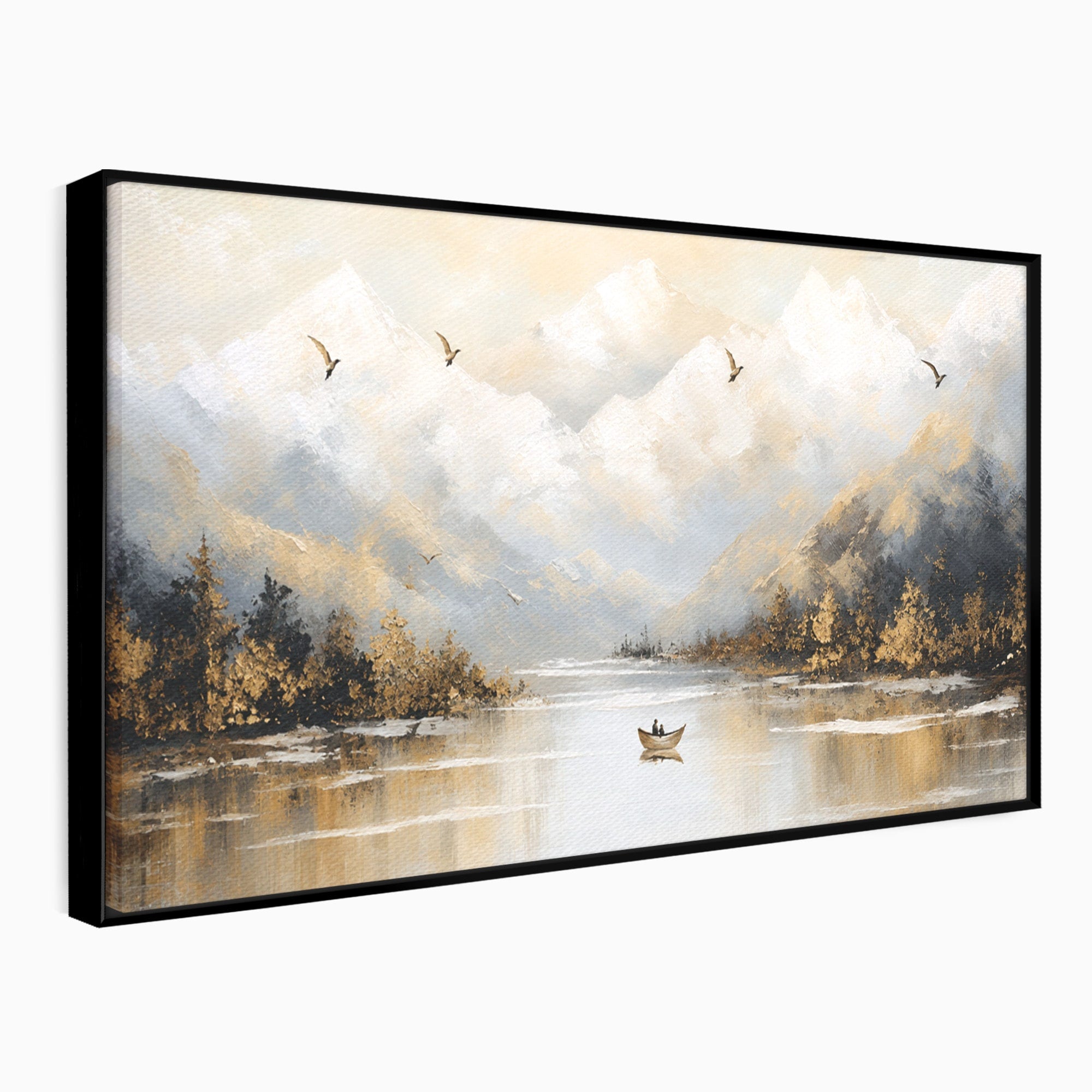 Tablou Canvas Premium LuxCanva® A1683, Peisaj Montan Cu Barca, Peisaj, Munti, Barca, Natura, Lac, Living, Culori Vibrante