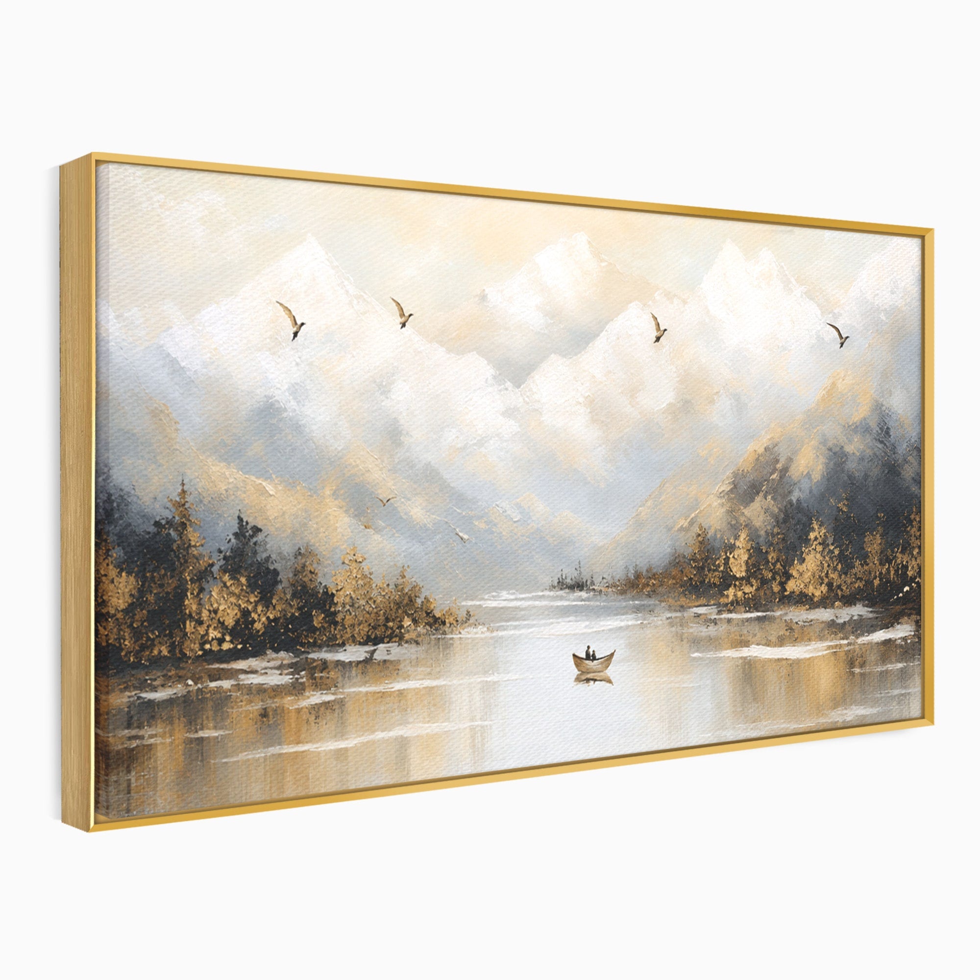 Tablou Canvas Premium LuxCanva® A1683, Peisaj Montan Cu Barca, Peisaj, Munti, Barca, Natura, Lac, Living, Culori Vibrante