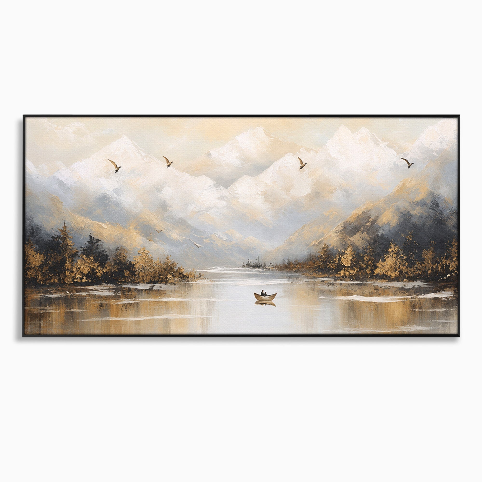 Tablou Canvas Premium LuxCanva® A1683, Peisaj Montan Cu Barca, Peisaj, Munti, Barca, Natura, Lac, Living, Culori Vibrante