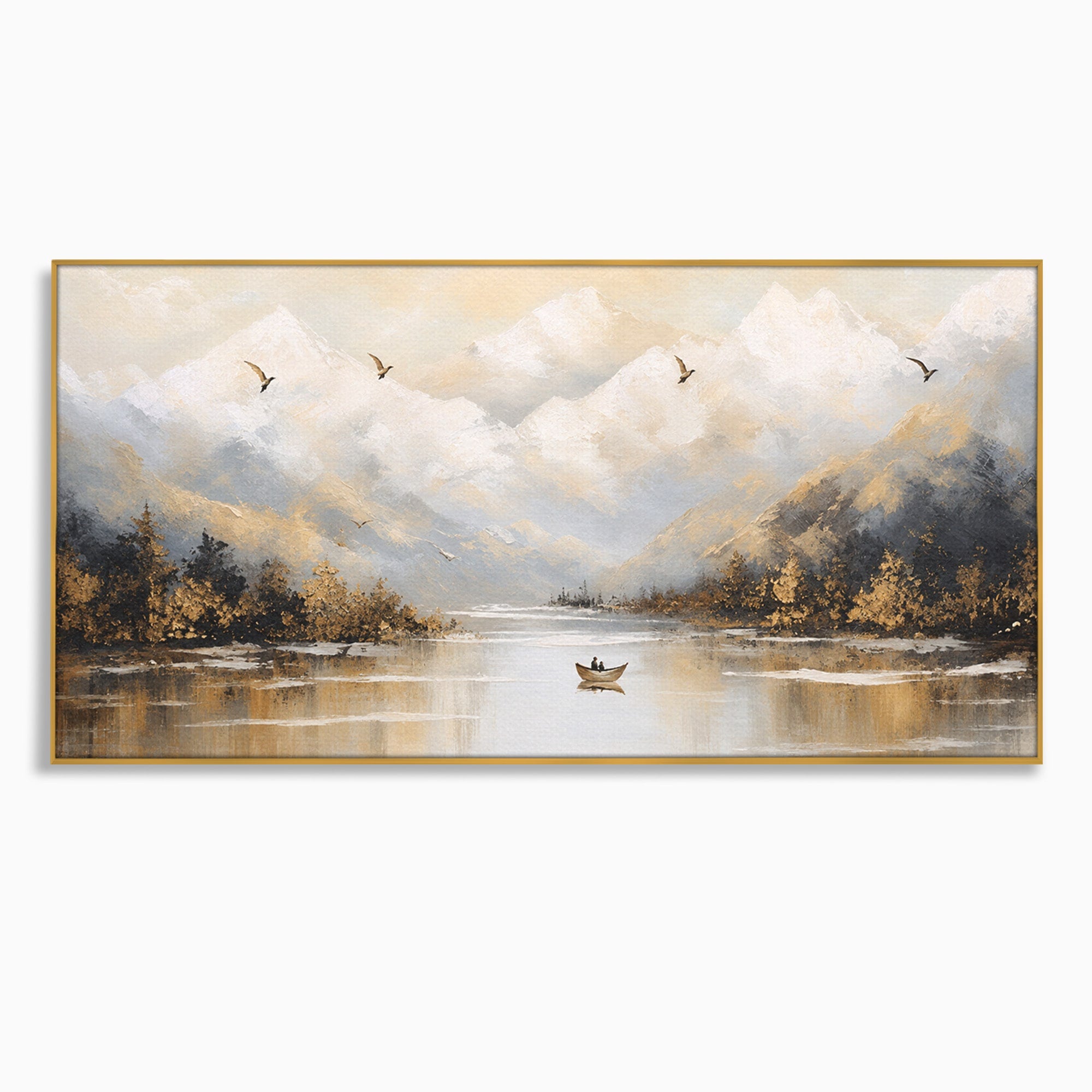 Tablou Canvas Premium LuxCanva® A1683, Peisaj Montan Cu Barca, Peisaj, Munti, Barca, Natura, Lac, Living, Culori Vibrante