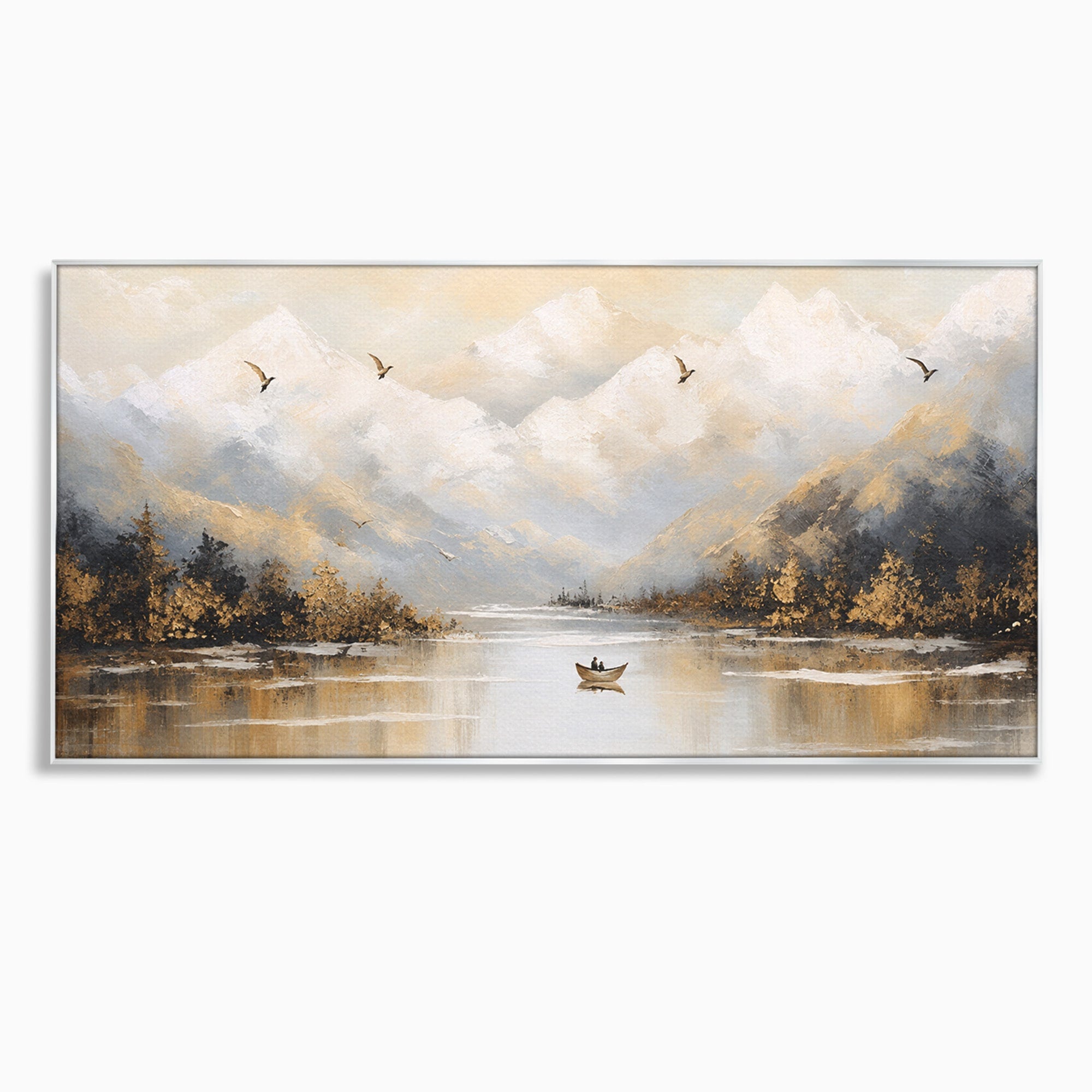Tablou Canvas Premium LuxCanva® A1683, Peisaj Montan Cu Barca, Peisaj, Munti, Barca, Natura, Lac, Living, Culori Vibrante