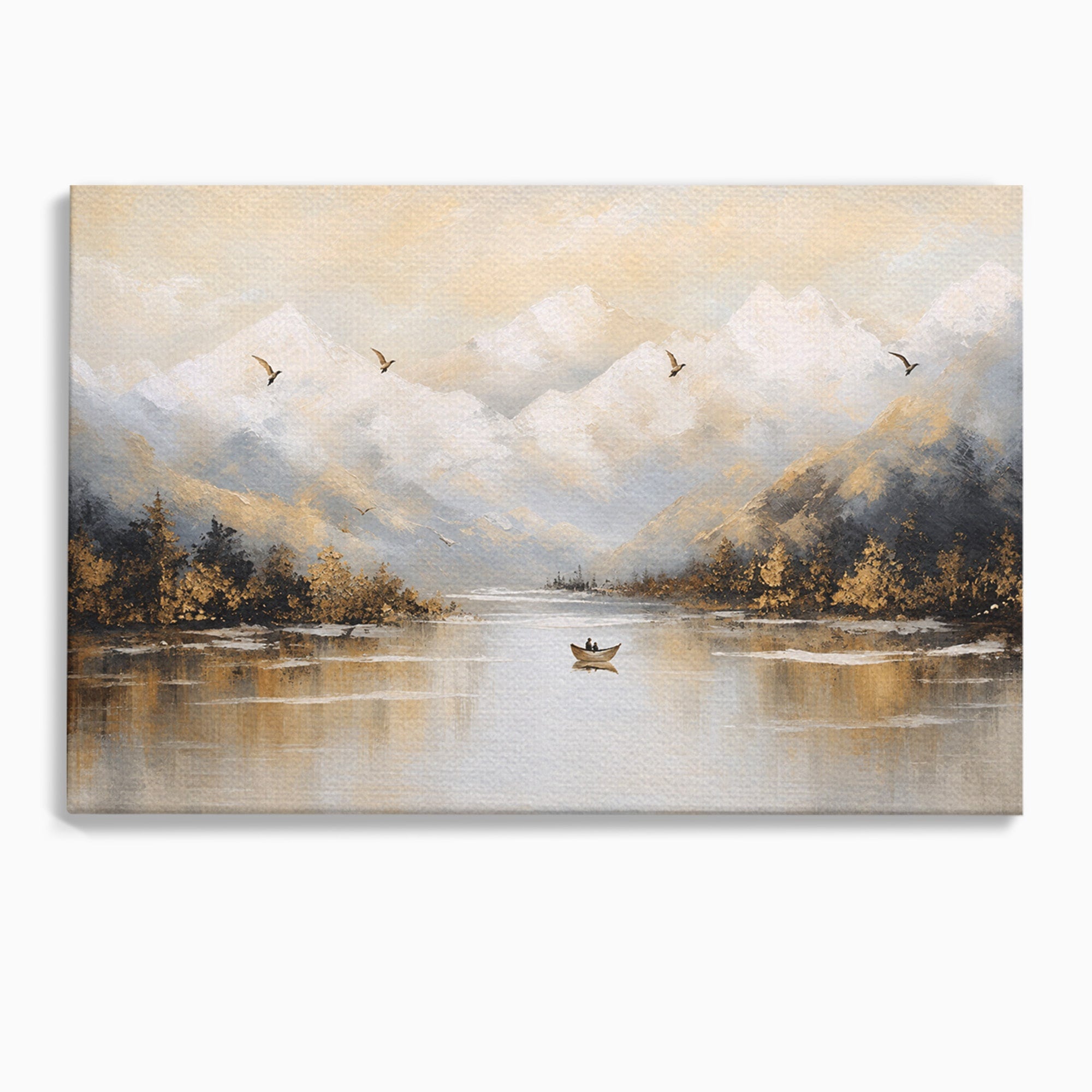 Tablou Canvas Premium LuxCanva® A1683, Peisaj Montan Cu Barca, Peisaj, Munti, Barca, Natura, Lac, Living, Culori Vibrante