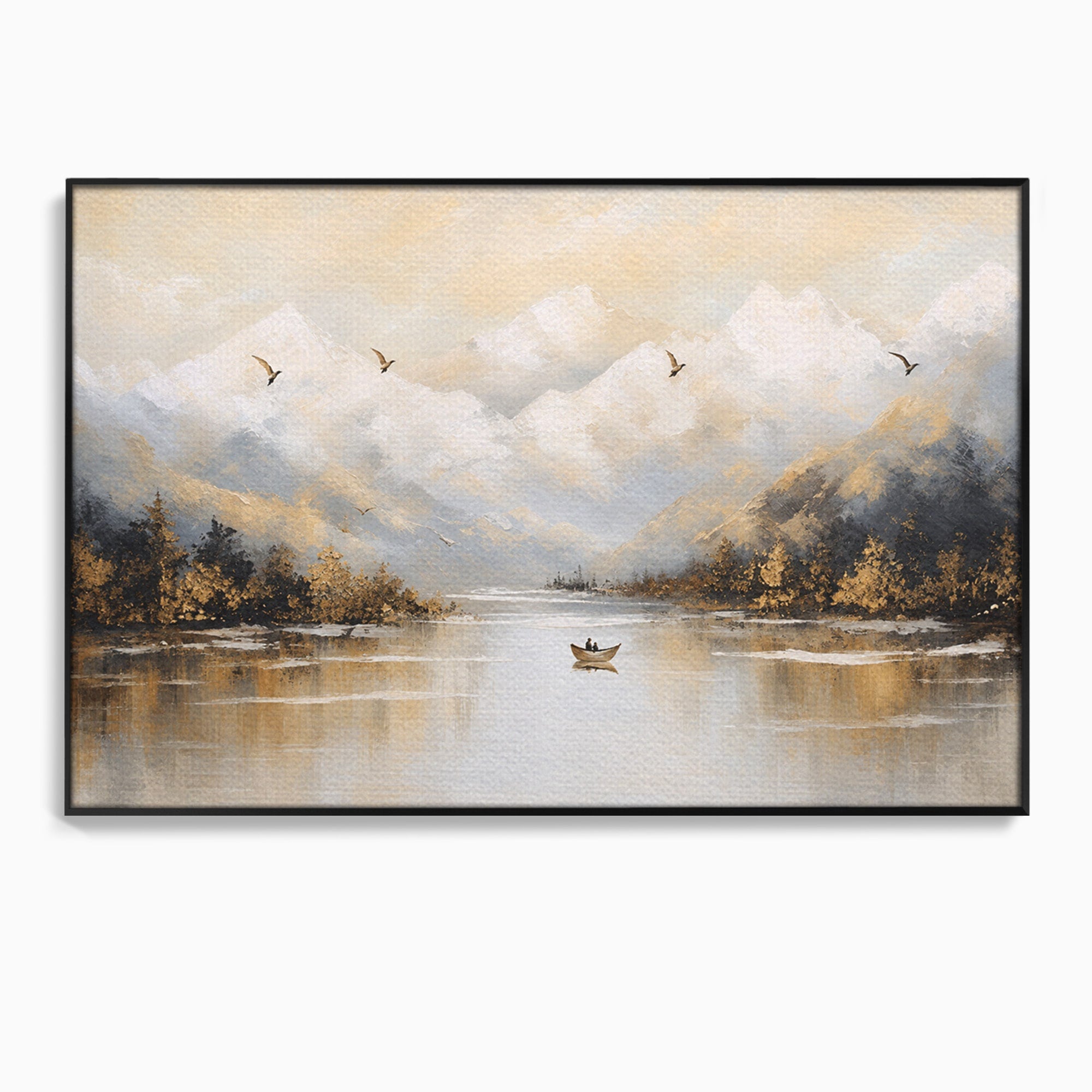 Tablou Canvas Premium LuxCanva® A1683, Peisaj Montan Cu Barca, Peisaj, Munti, Barca, Natura, Lac, Living, Culori Vibrante