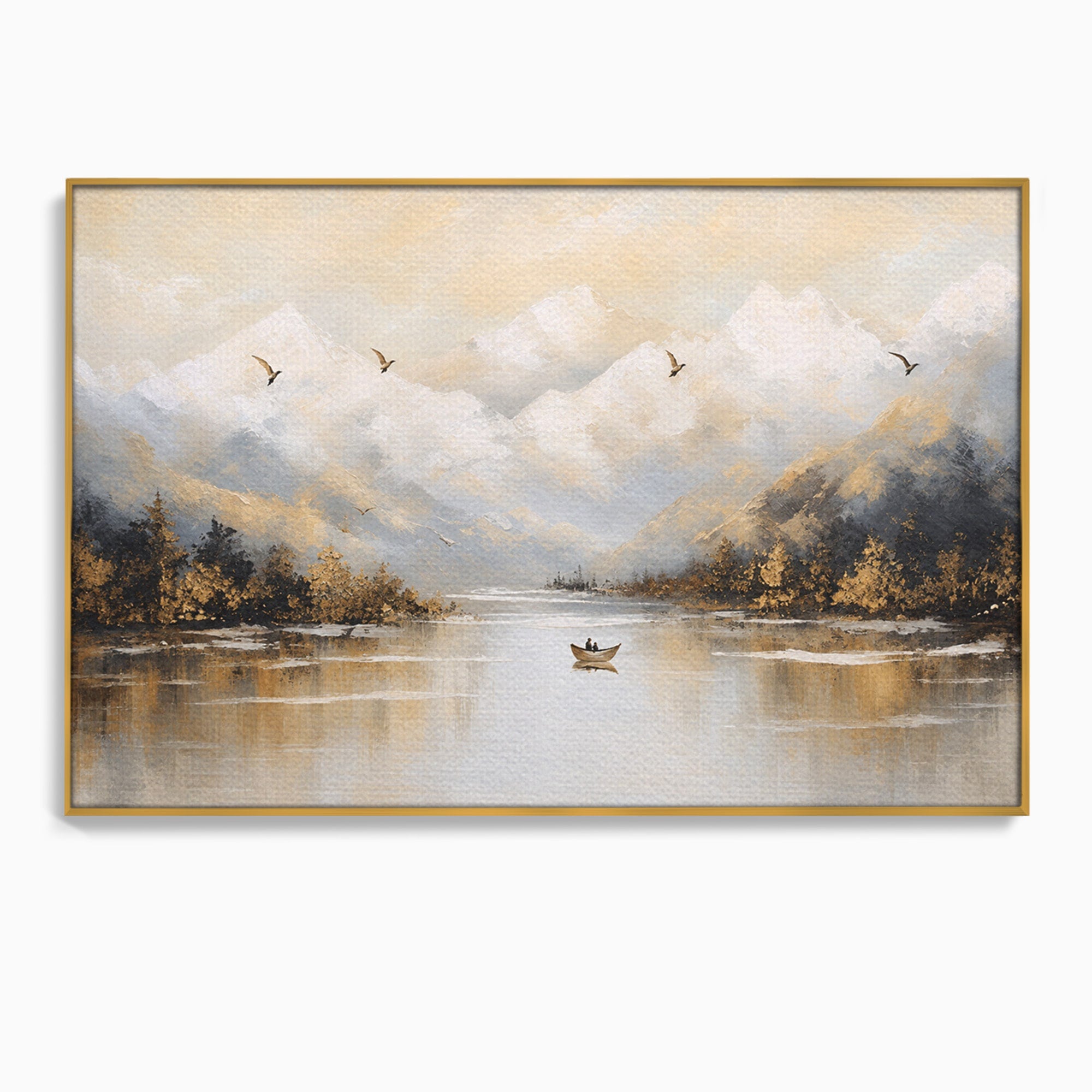 Tablou Canvas Premium LuxCanva® A1683, Peisaj Montan Cu Barca, Peisaj, Munti, Barca, Natura, Lac, Living, Culori Vibrante
