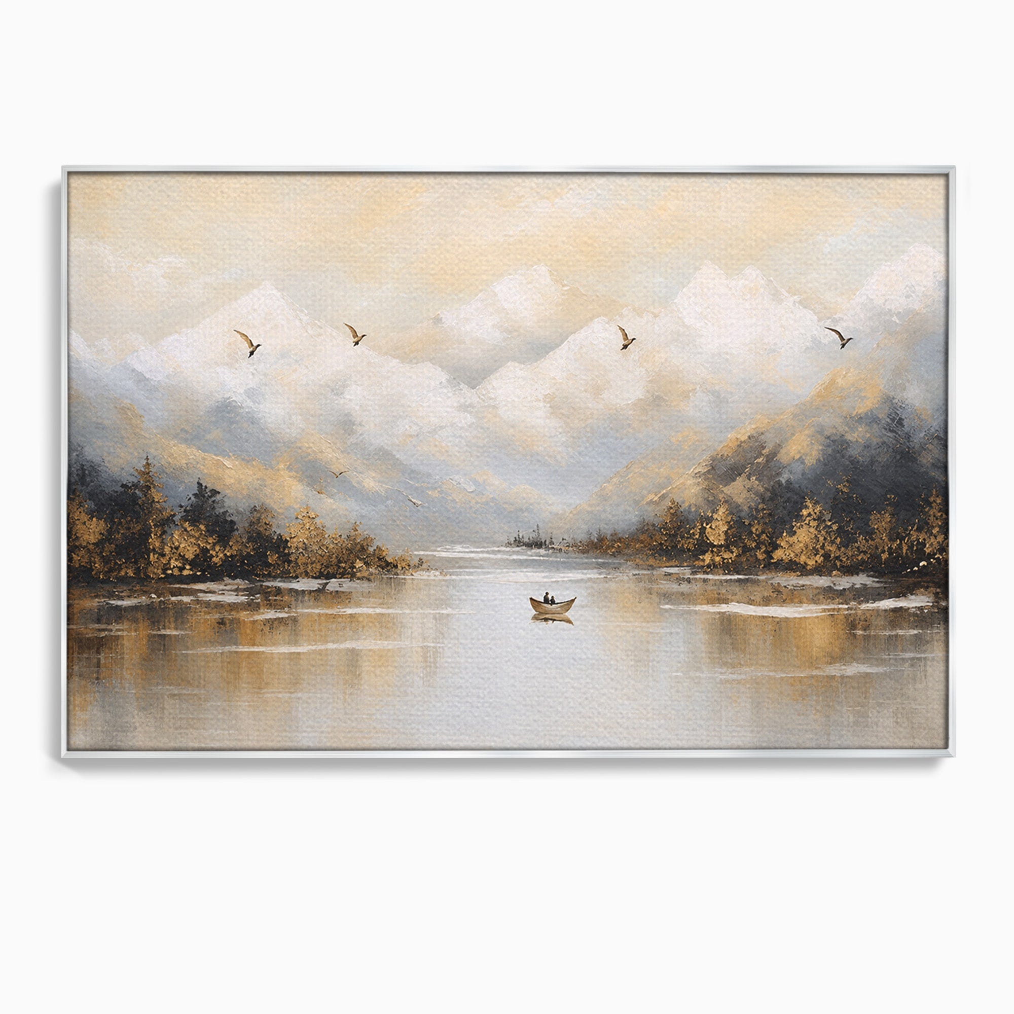 Tablou Canvas Premium LuxCanva® A1683, Peisaj Montan Cu Barca, Peisaj, Munti, Barca, Natura, Lac, Living, Culori Vibrante
