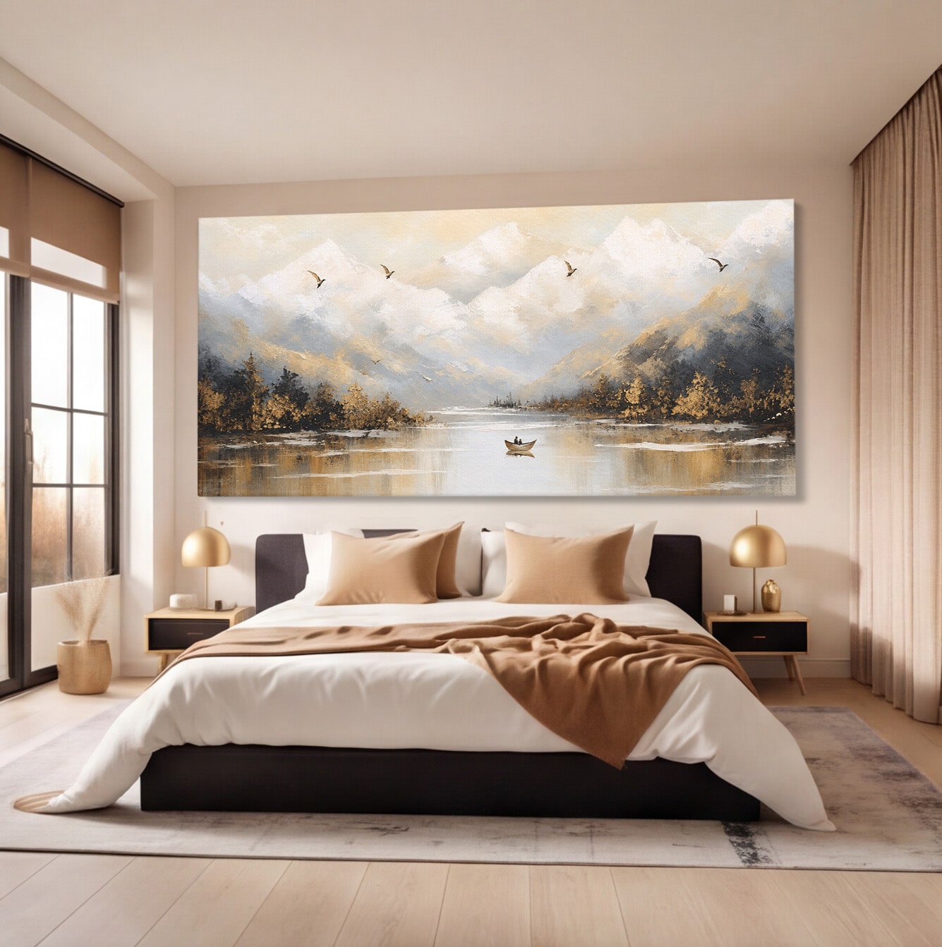 Tablou Canvas Premium LuxCanva® A1683, Peisaj Montan Cu Barca, Peisaj, Munti, Barca, Natura, Lac, Living, Culori Vibrante