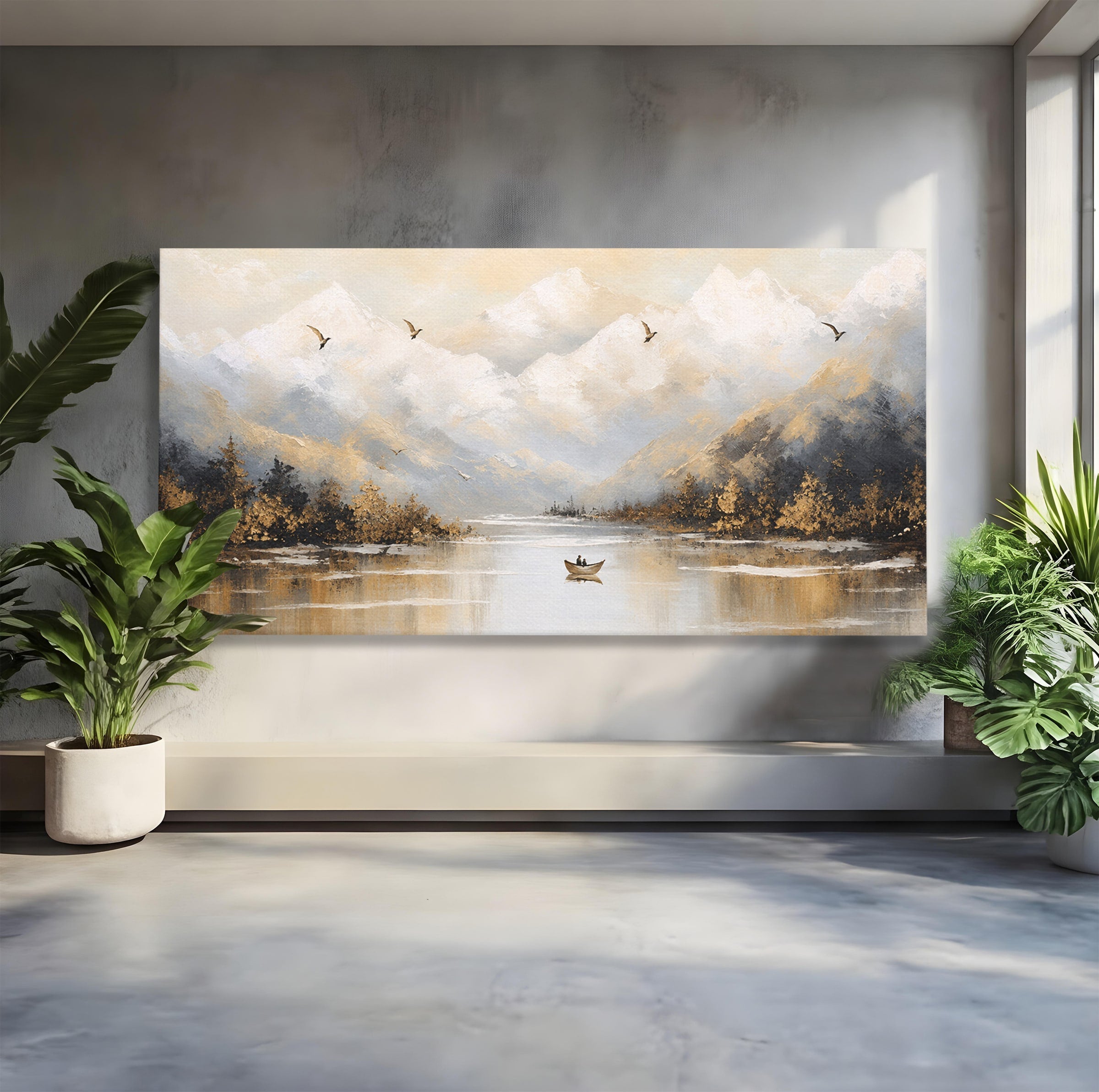 Tablou Canvas Premium LuxCanva® A1683, Peisaj Montan Cu Barca, Peisaj, Munti, Barca, Natura, Lac, Living, Culori Vibrante