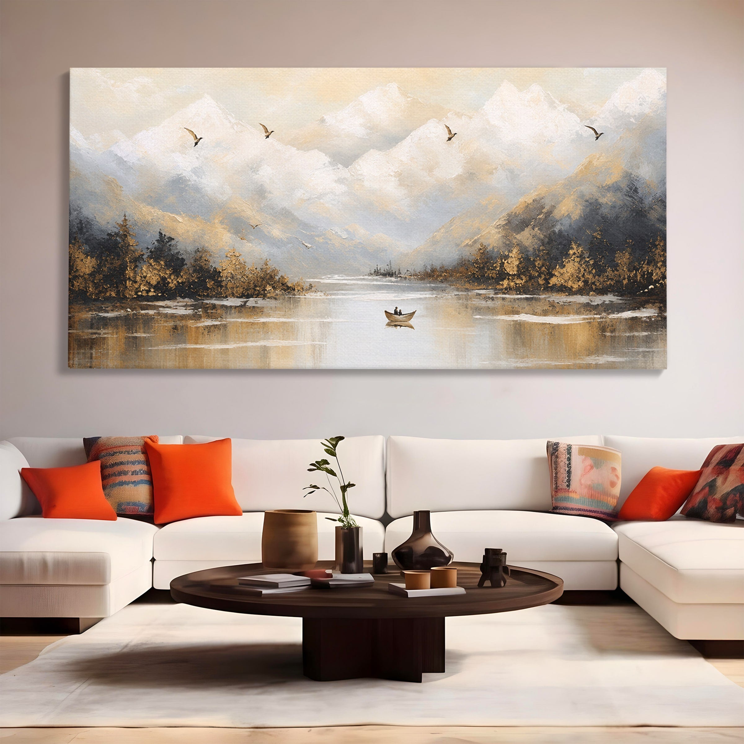 Tablou Canvas Premium LuxCanva® A1683, Peisaj Montan Cu Barca, Peisaj, Munti, Barca, Natura, Lac, Living, Culori Vibrante