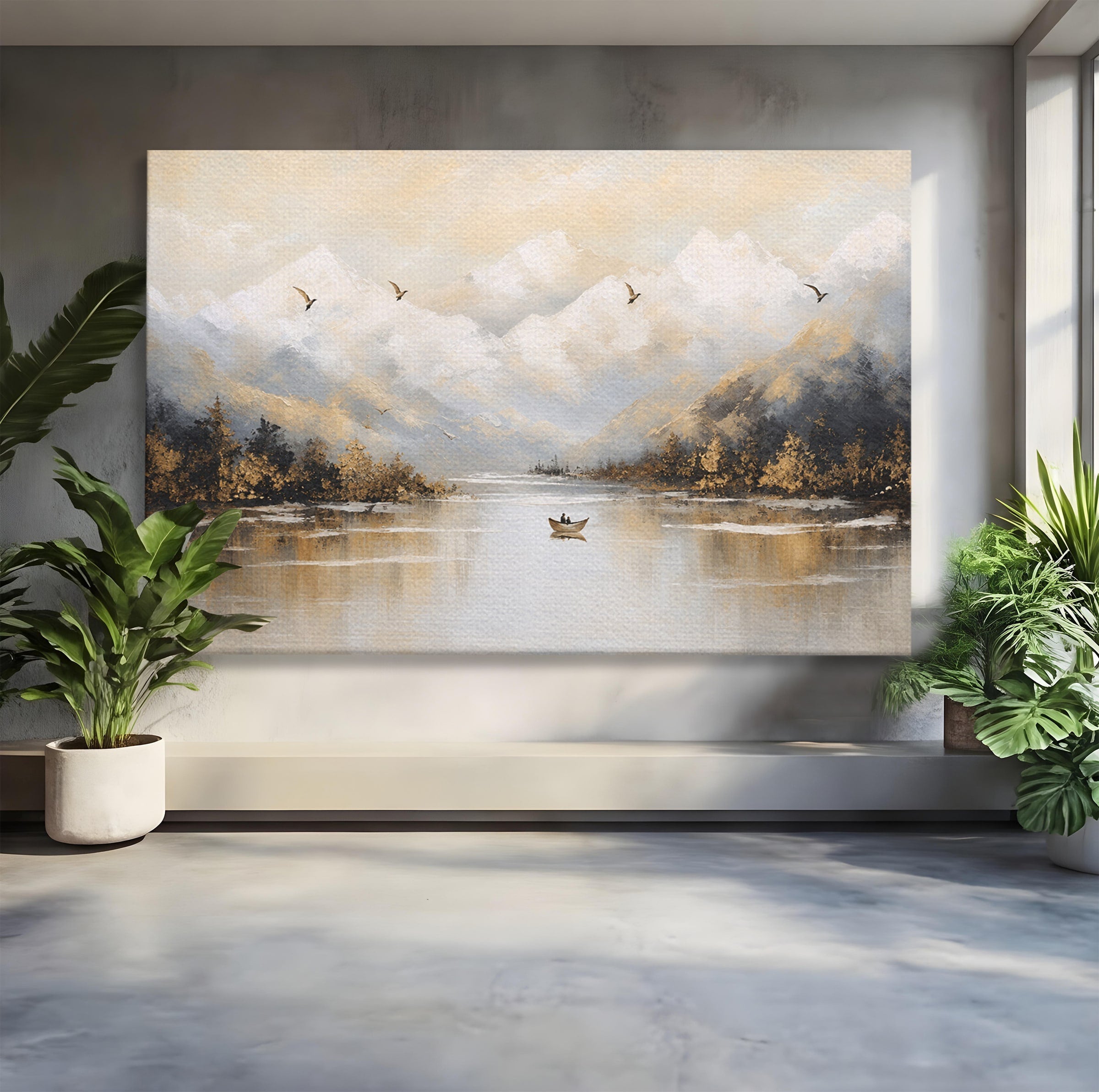 Tablou Canvas Premium LuxCanva® A1683, Peisaj Montan Cu Barca, Peisaj, Munti, Barca, Natura, Lac, Living, Culori Vibrante