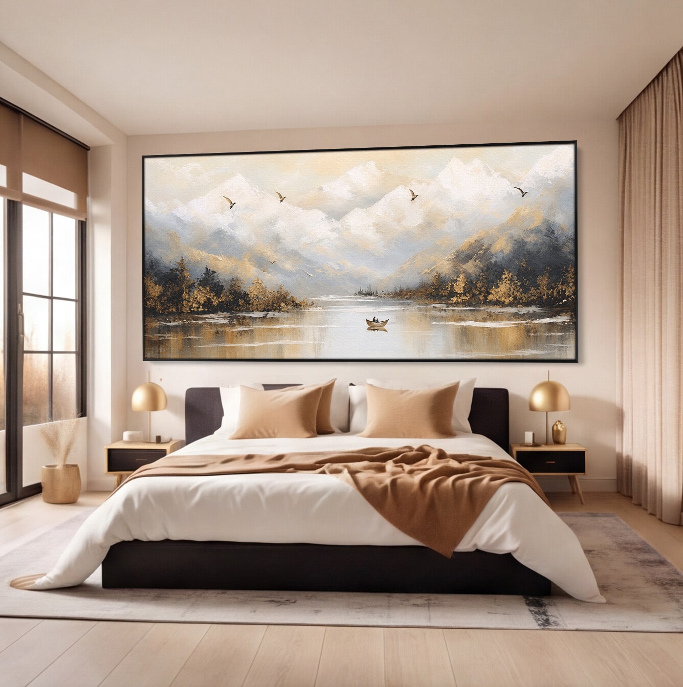Tablou Canvas Premium LuxCanva® A1683, Peisaj Montan Cu Barca, Peisaj, Munti, Barca, Natura, Lac, Living, Culori Vibrante