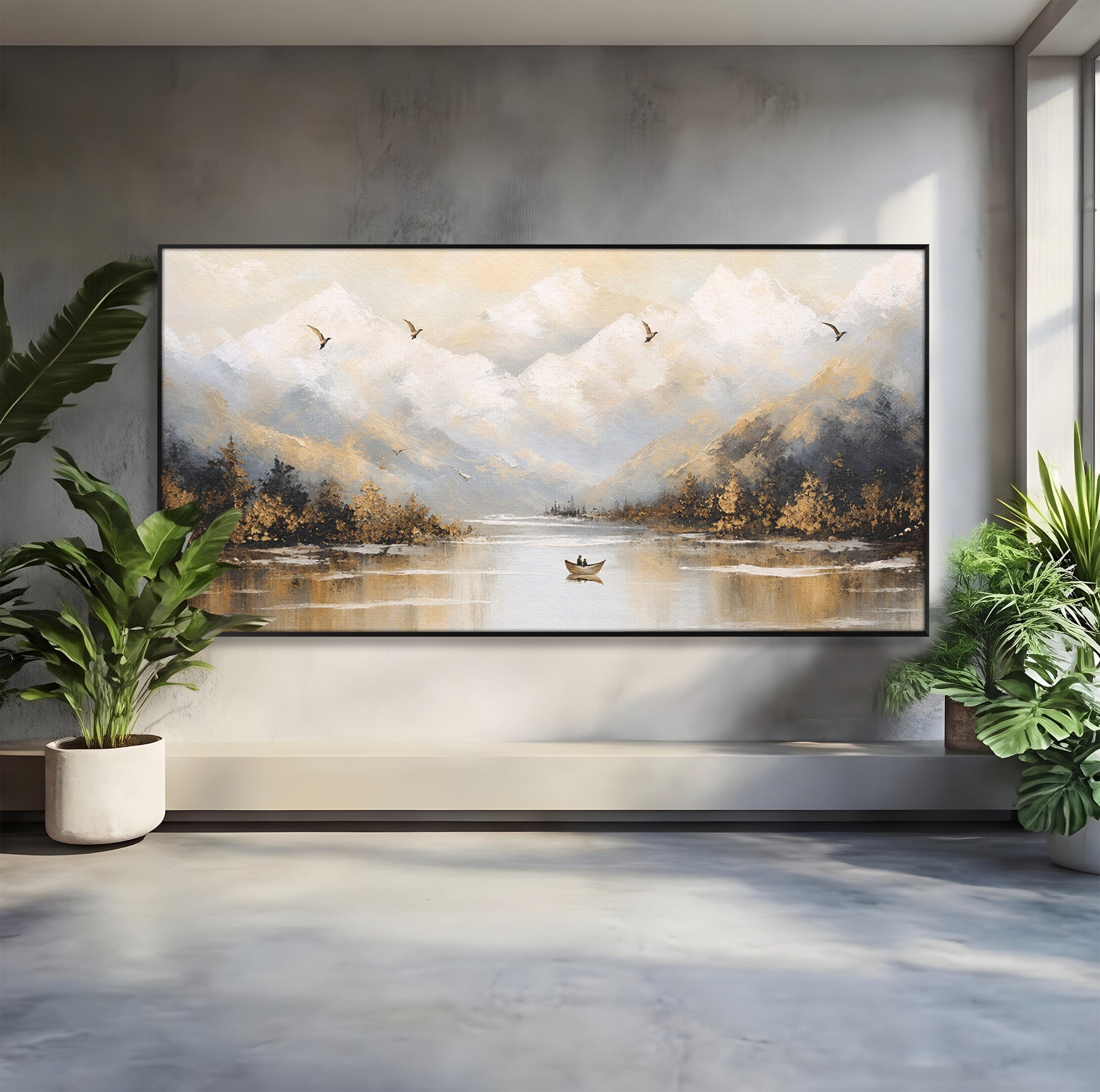 Tablou Canvas Premium LuxCanva® A1683, Peisaj Montan Cu Barca, Peisaj, Munti, Barca, Natura, Lac, Living, Culori Vibrante