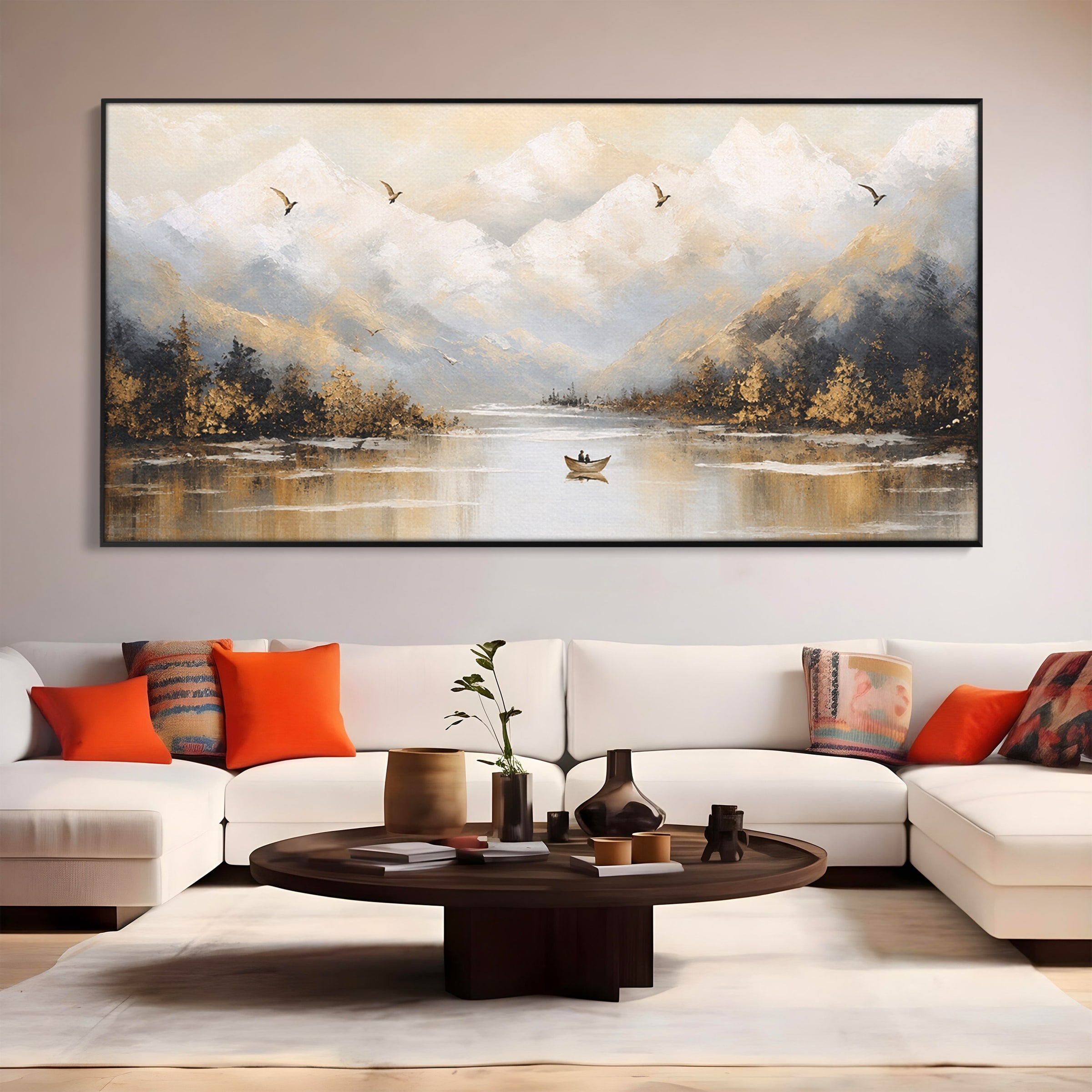 Tablou Canvas Premium LuxCanva® A1683, Peisaj Montan Cu Barca, Peisaj, Munti, Barca, Natura, Lac, Living, Culori Vibrante