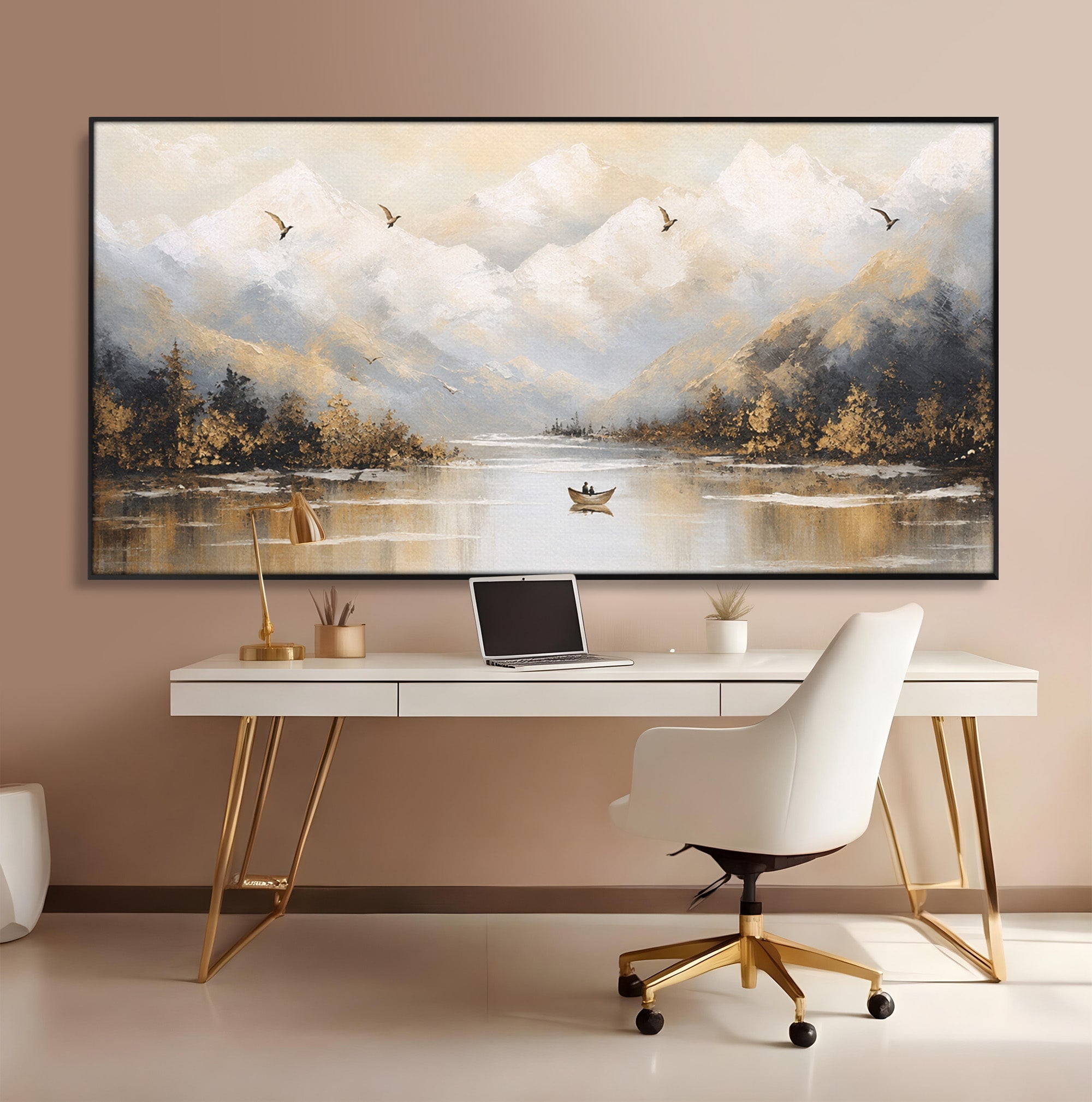 Tablou Canvas Premium LuxCanva® A1683, Peisaj Montan Cu Barca, Peisaj, Munti, Barca, Natura, Lac, Living, Culori Vibrante