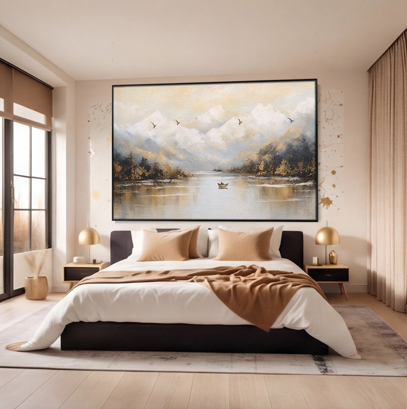 Tablou Canvas Premium LuxCanva® A1683, Peisaj Montan Cu Barca, Peisaj, Munti, Barca, Natura, Lac, Living, Culori Vibrante