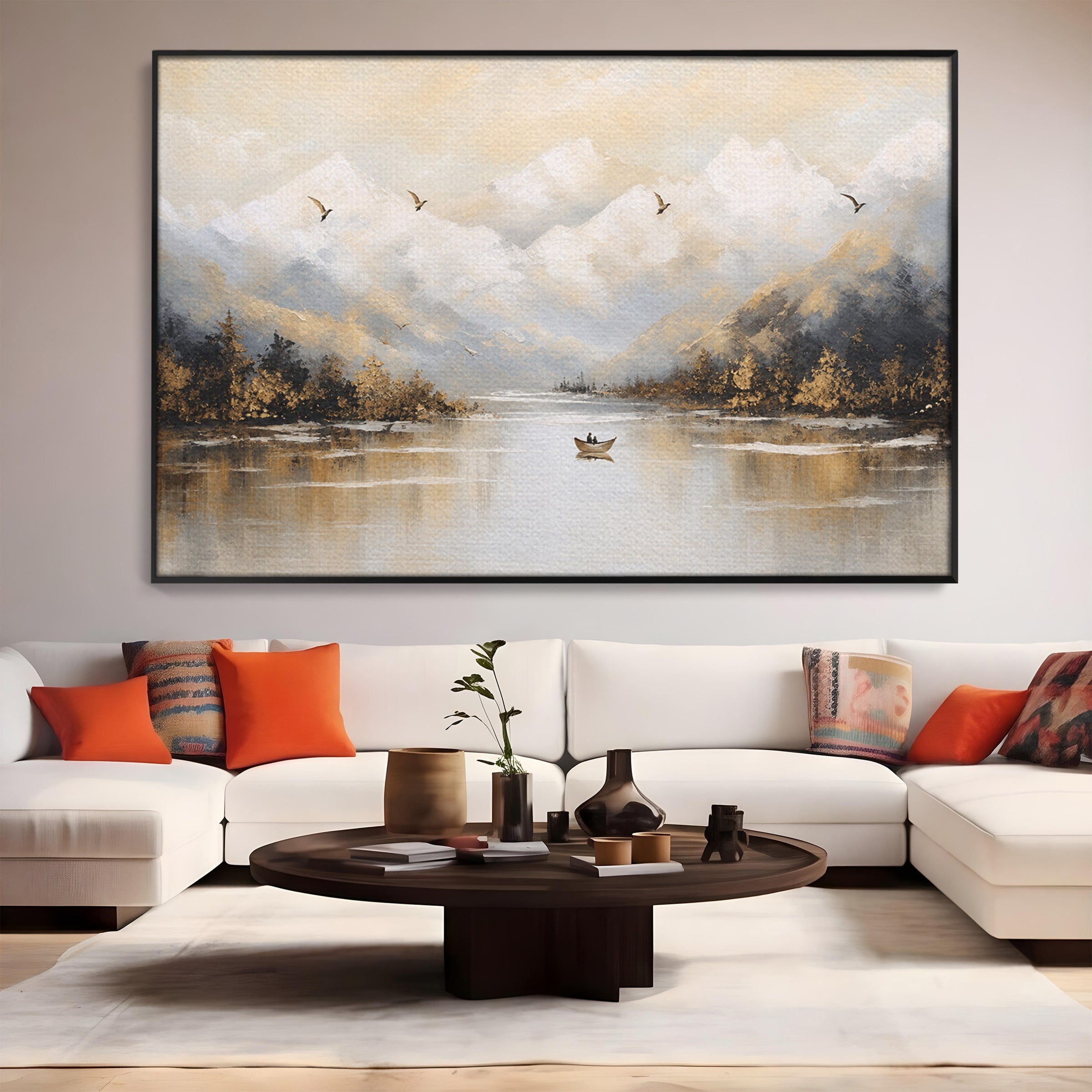 Tablou Canvas Premium LuxCanva® A1683, Peisaj Montan Cu Barca, Peisaj, Munti, Barca, Natura, Lac, Living, Culori Vibrante
