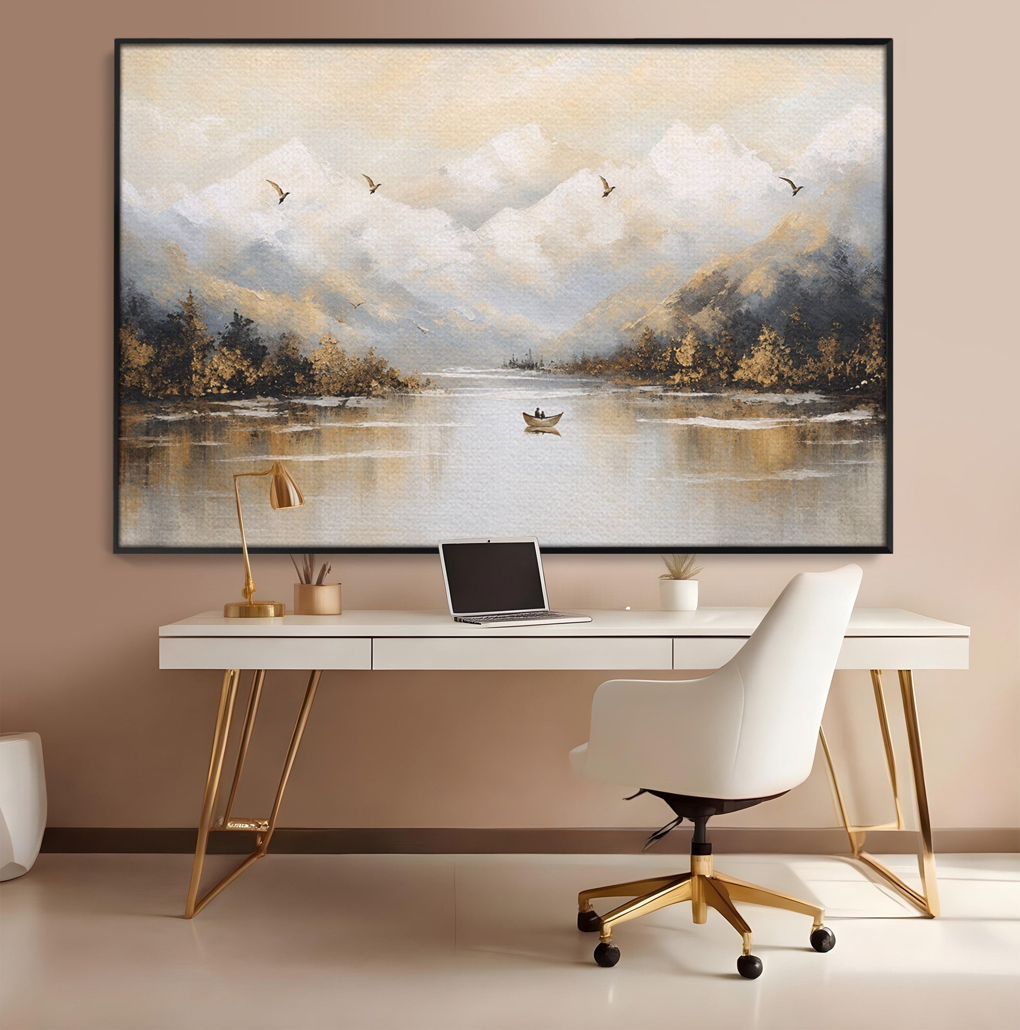 Tablou Canvas Premium LuxCanva® A1683, Peisaj Montan Cu Barca, Peisaj, Munti, Barca, Natura, Lac, Living, Culori Vibrante