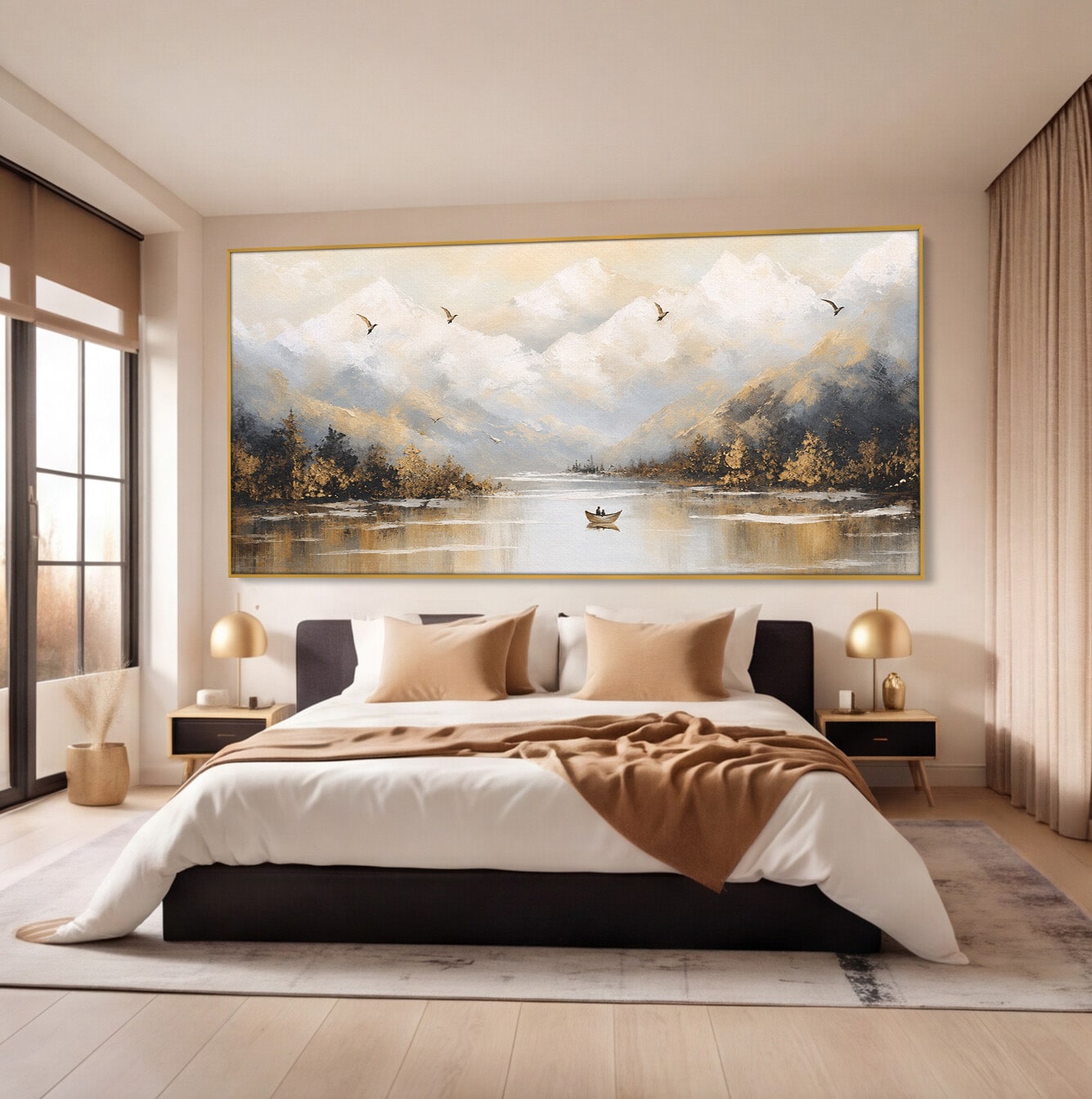 Tablou Canvas Premium LuxCanva® A1683, Peisaj Montan Cu Barca, Peisaj, Munti, Barca, Natura, Lac, Living, Culori Vibrante