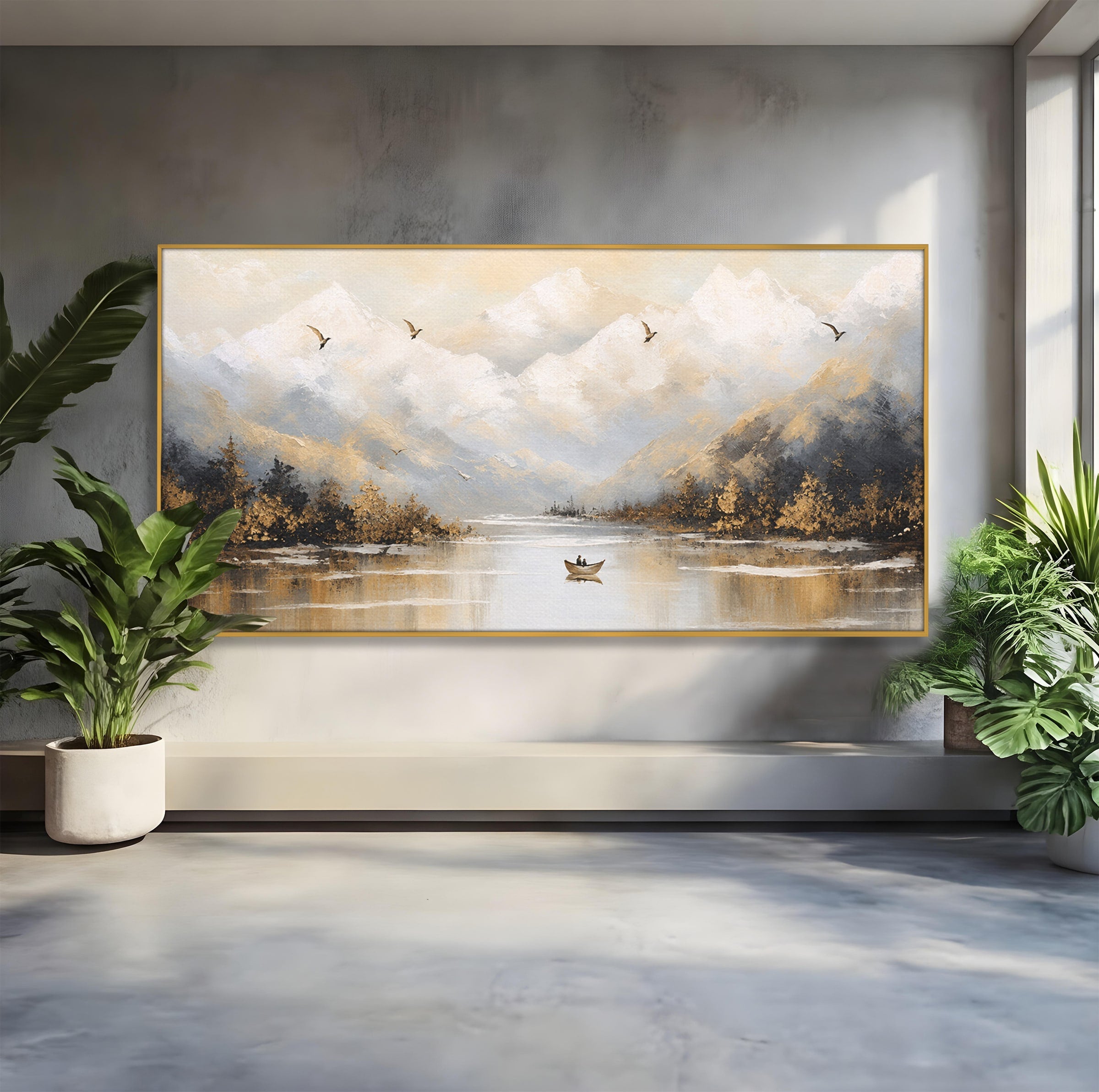 Tablou Canvas Premium LuxCanva® A1683, Peisaj Montan Cu Barca, Peisaj, Munti, Barca, Natura, Lac, Living, Culori Vibrante