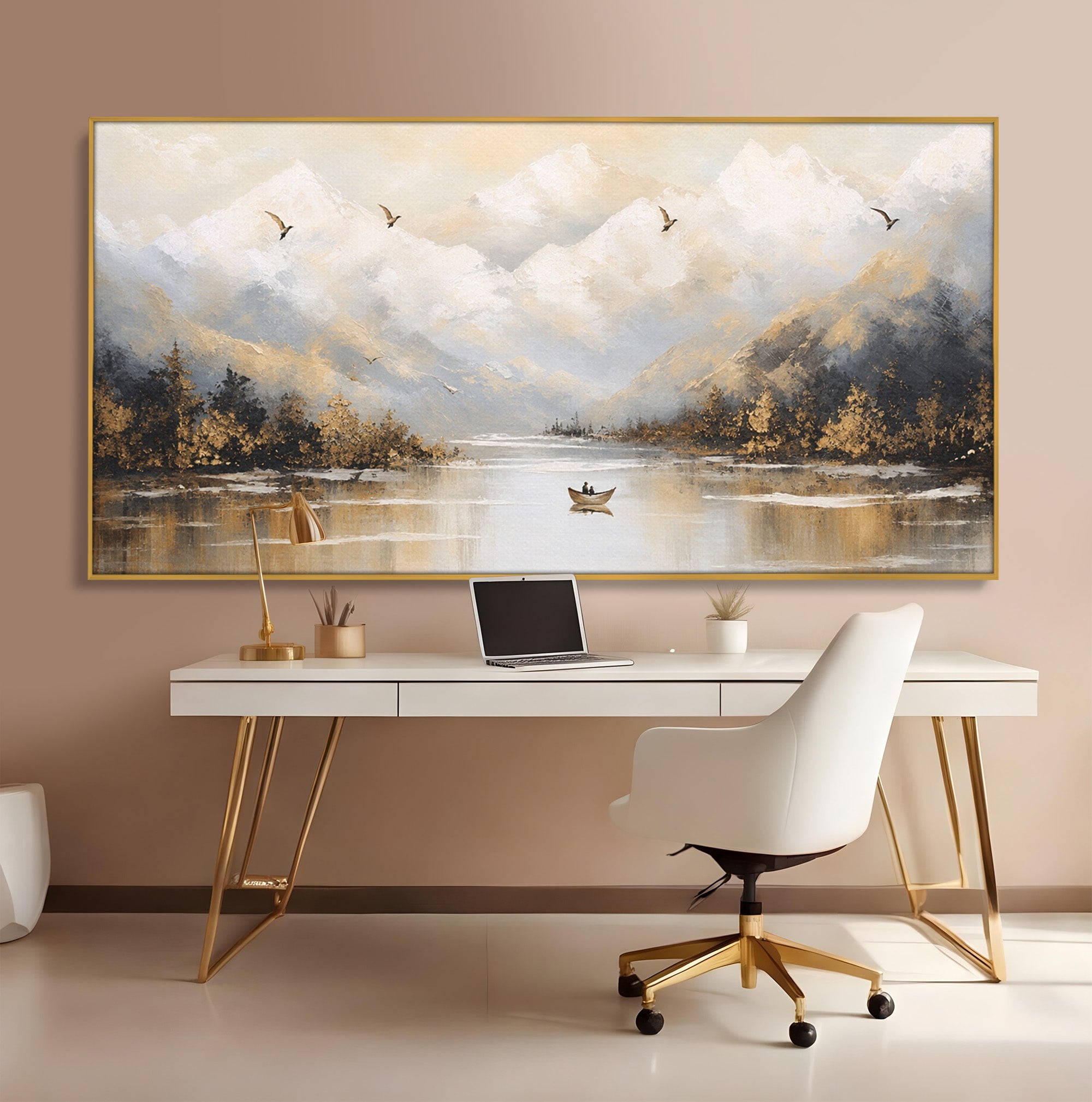 Tablou Canvas Premium LuxCanva® A1683, Peisaj Montan Cu Barca, Peisaj, Munti, Barca, Natura, Lac, Living, Culori Vibrante