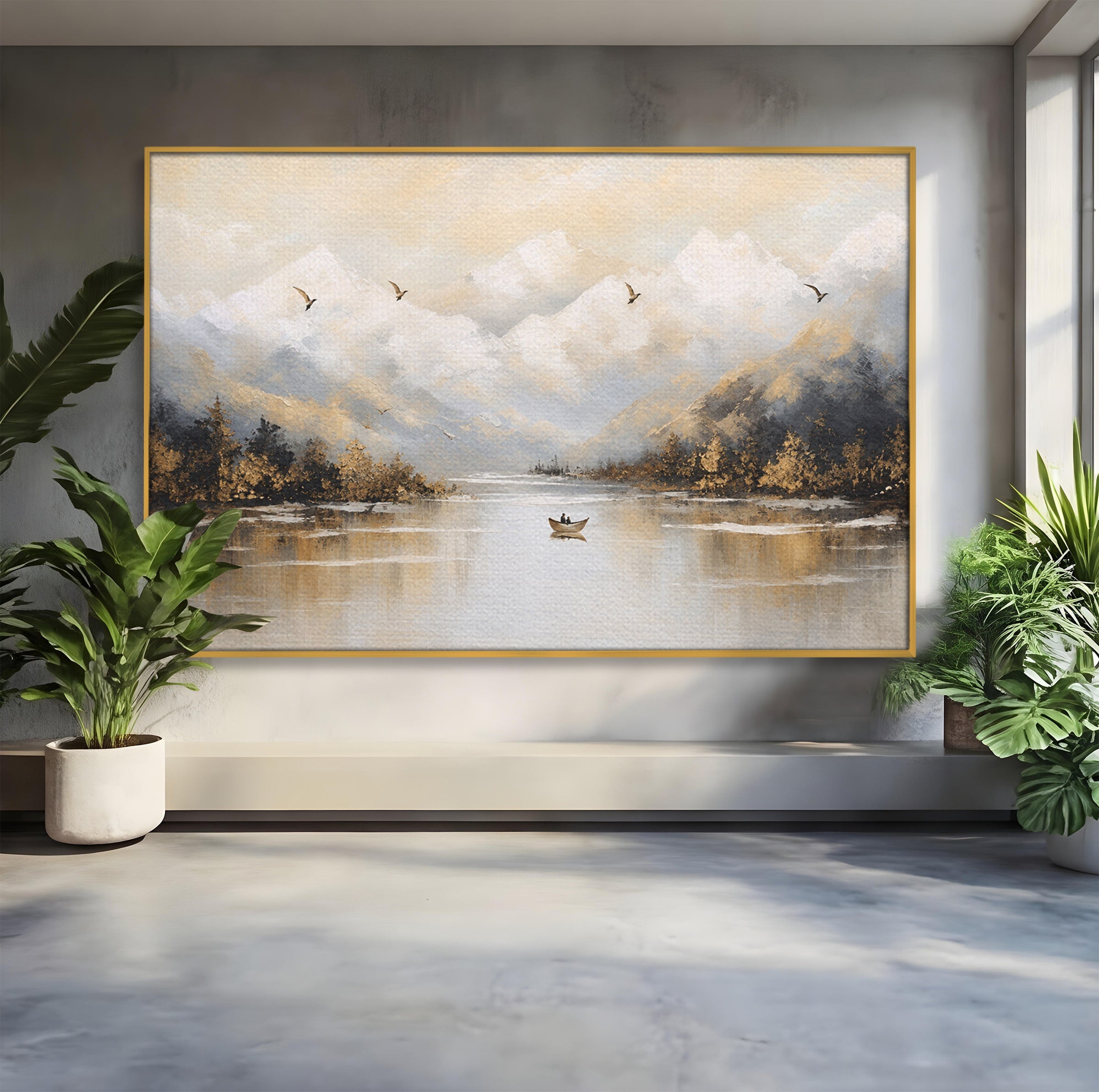 Tablou Canvas Premium LuxCanva® A1683, Peisaj Montan Cu Barca, Peisaj, Munti, Barca, Natura, Lac, Living, Culori Vibrante