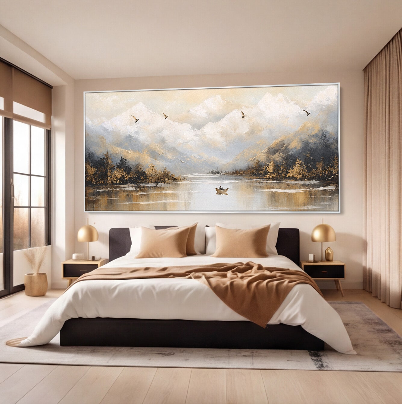 Tablou Canvas Premium LuxCanva® A1683, Peisaj Montan Cu Barca, Peisaj, Munti, Barca, Natura, Lac, Living, Culori Vibrante