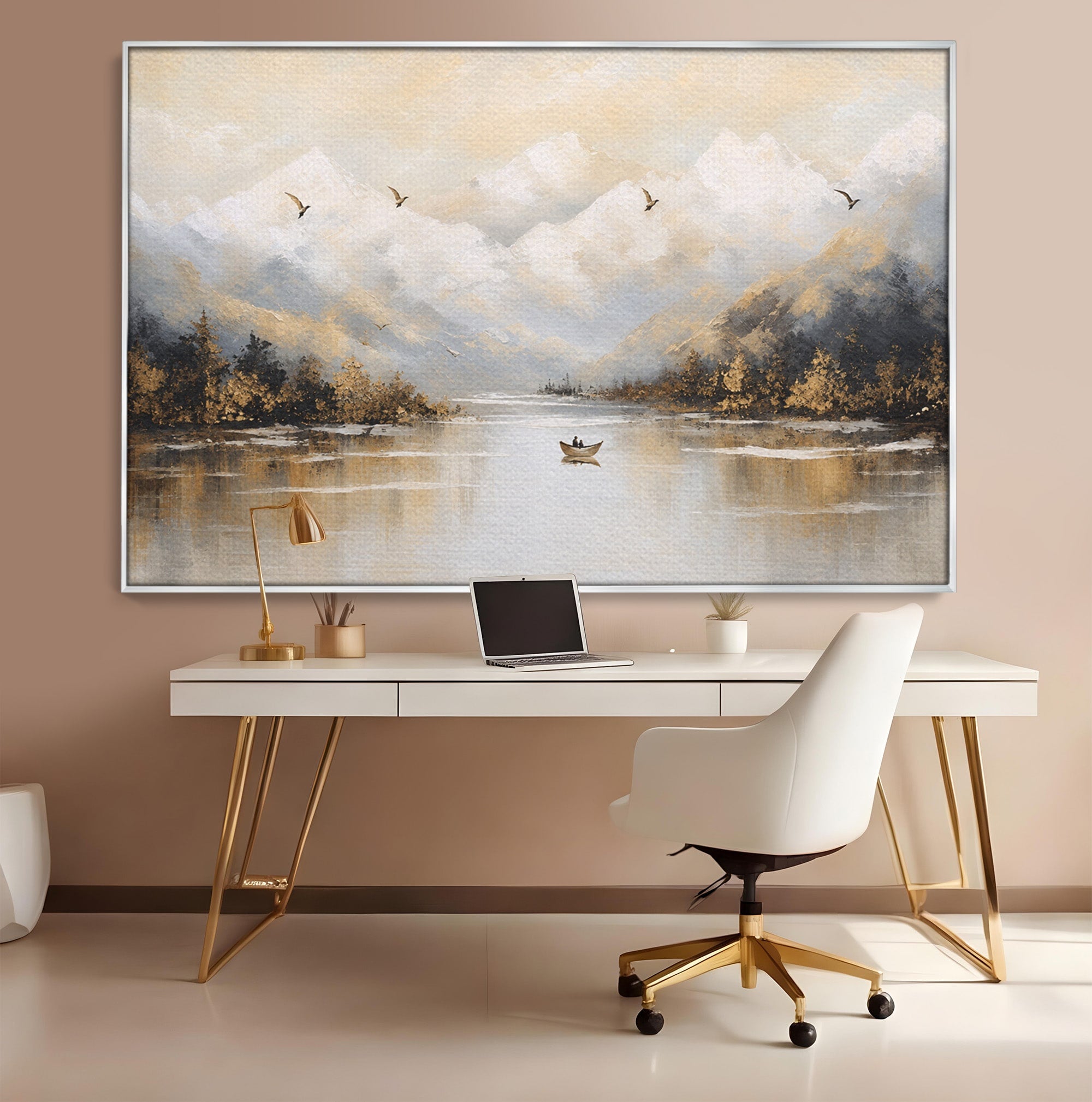 Tablou Canvas Premium LuxCanva® A1683, Peisaj Montan Cu Barca, Peisaj, Munti, Barca, Natura, Lac, Living, Culori Vibrante