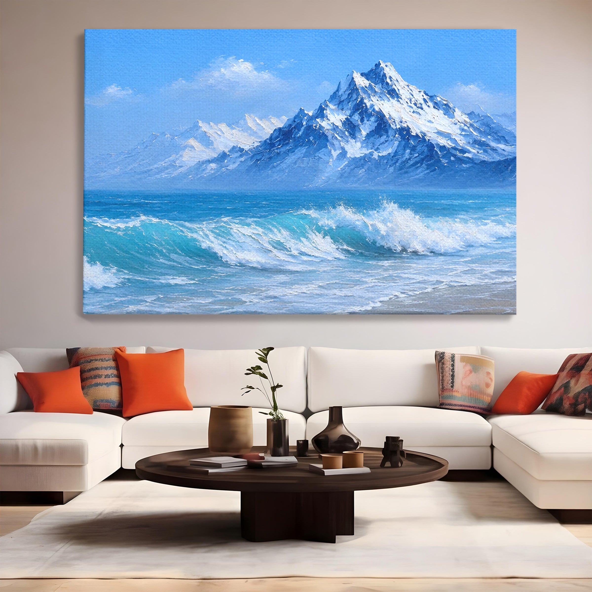 Tablou Canvas Premium LuxCanva® A1685, Munti Si Valuri, Peisaj, Munti, Mare, Natura, Living, Culori Vibrante