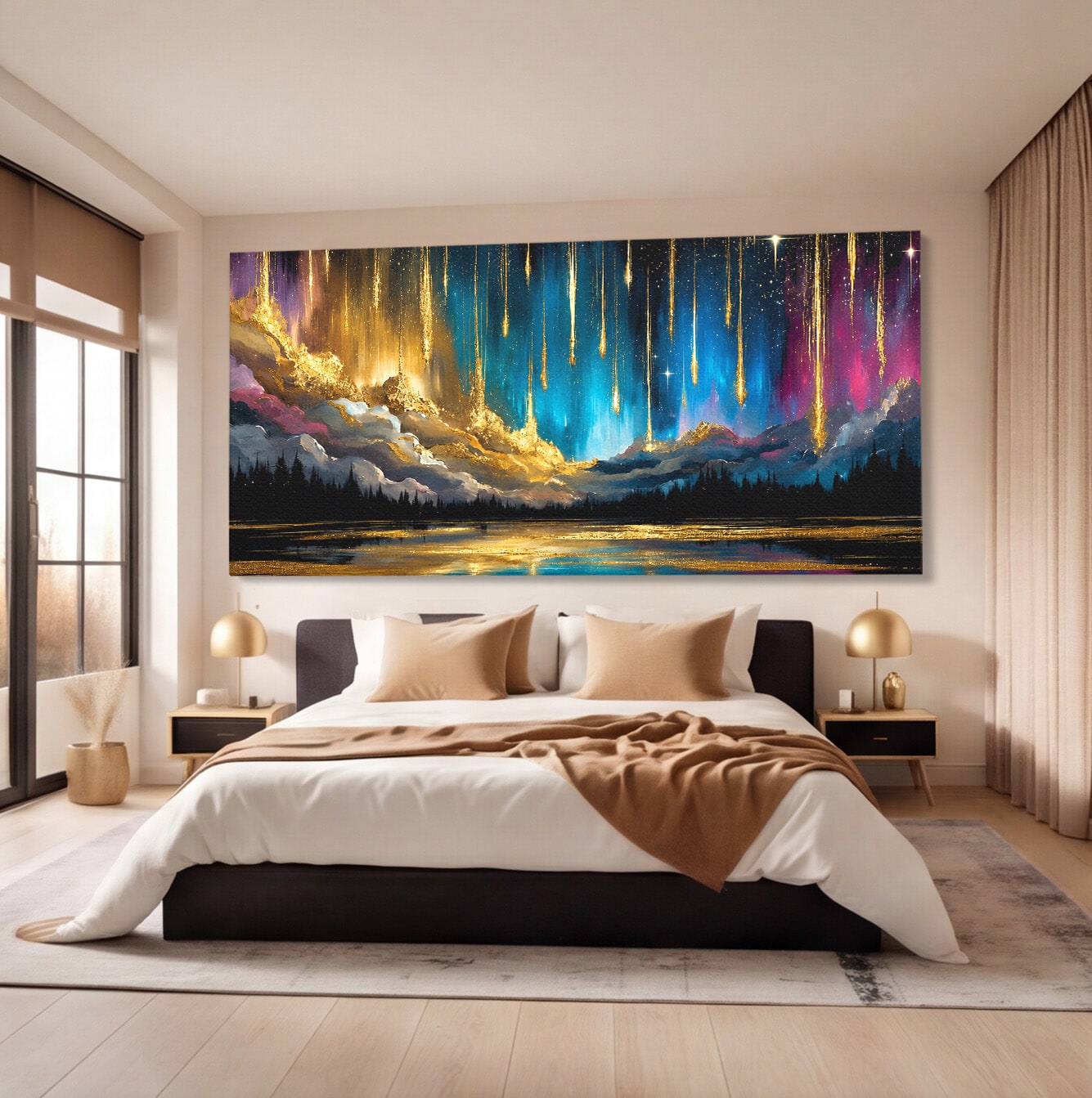 Tablou Canvas Premium LuxCanva® A1687, Cascada De Stele, Stele, Cer, Peisaj, Noapte, Living, Culori Vibrante