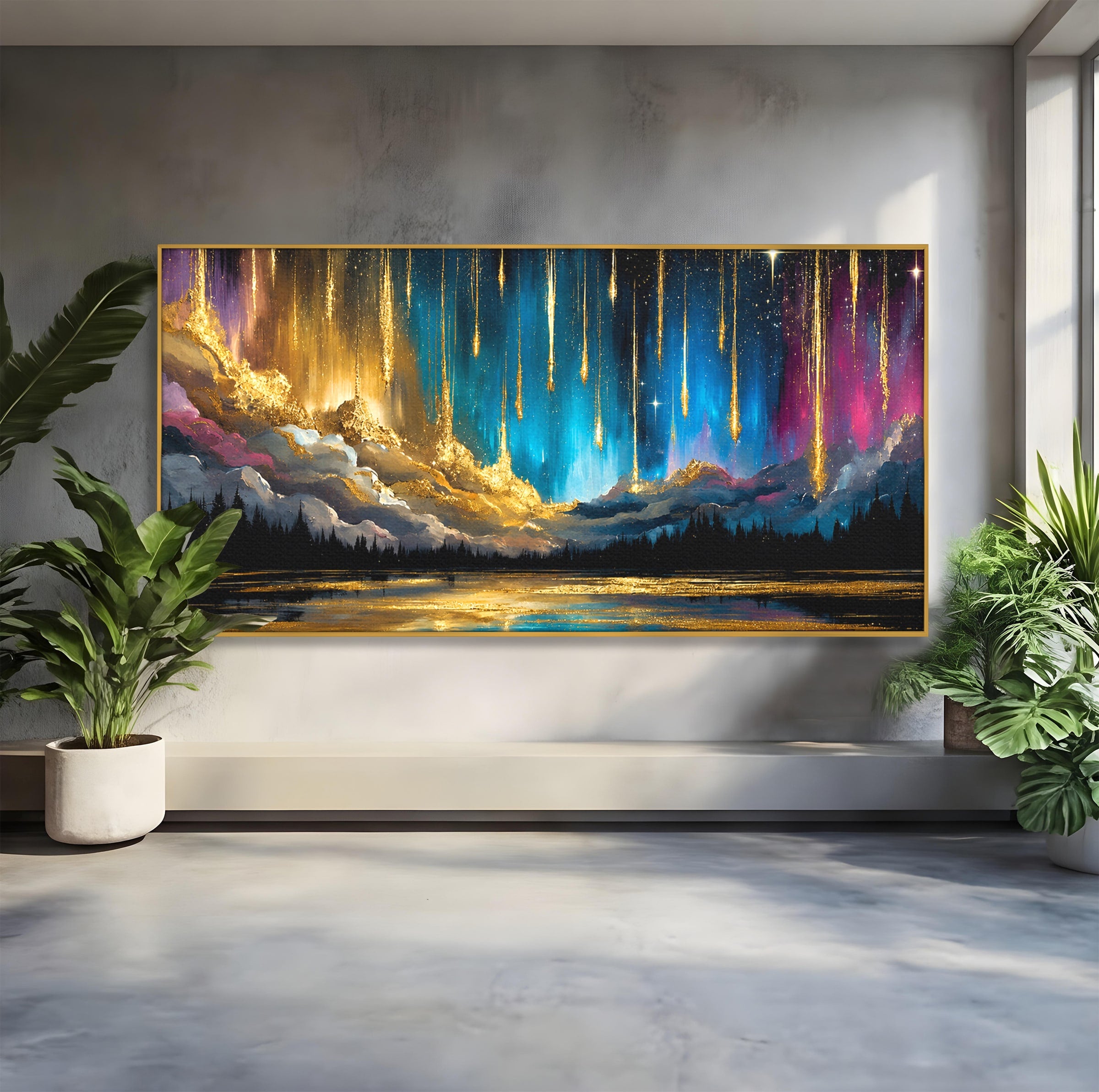 Tablou Canvas Premium LuxCanva® A1687, Cascada De Stele, Stele, Cer, Peisaj, Noapte, Living, Culori Vibrante