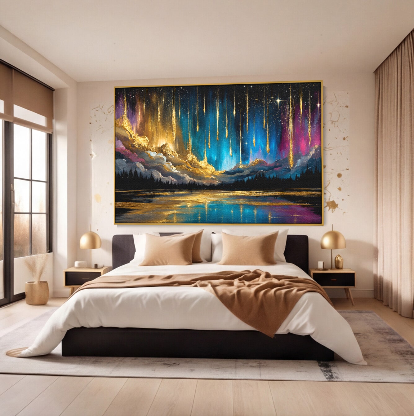 Tablou Canvas Premium LuxCanva® A1687, Cascada De Stele, Stele, Cer, Peisaj, Noapte, Living, Culori Vibrante