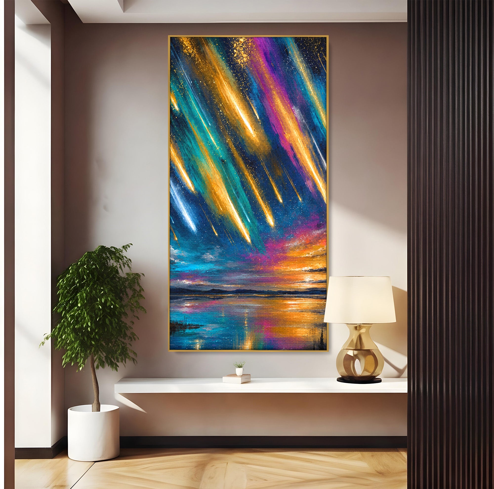 Tablou Canvas Premium LuxCanva® A1688, Ploua Cu Stele Cazatoare, Stele Cazatoare, Cer Instelat, Peisaj Nocturn, Mister, Living, Culori Vibrante