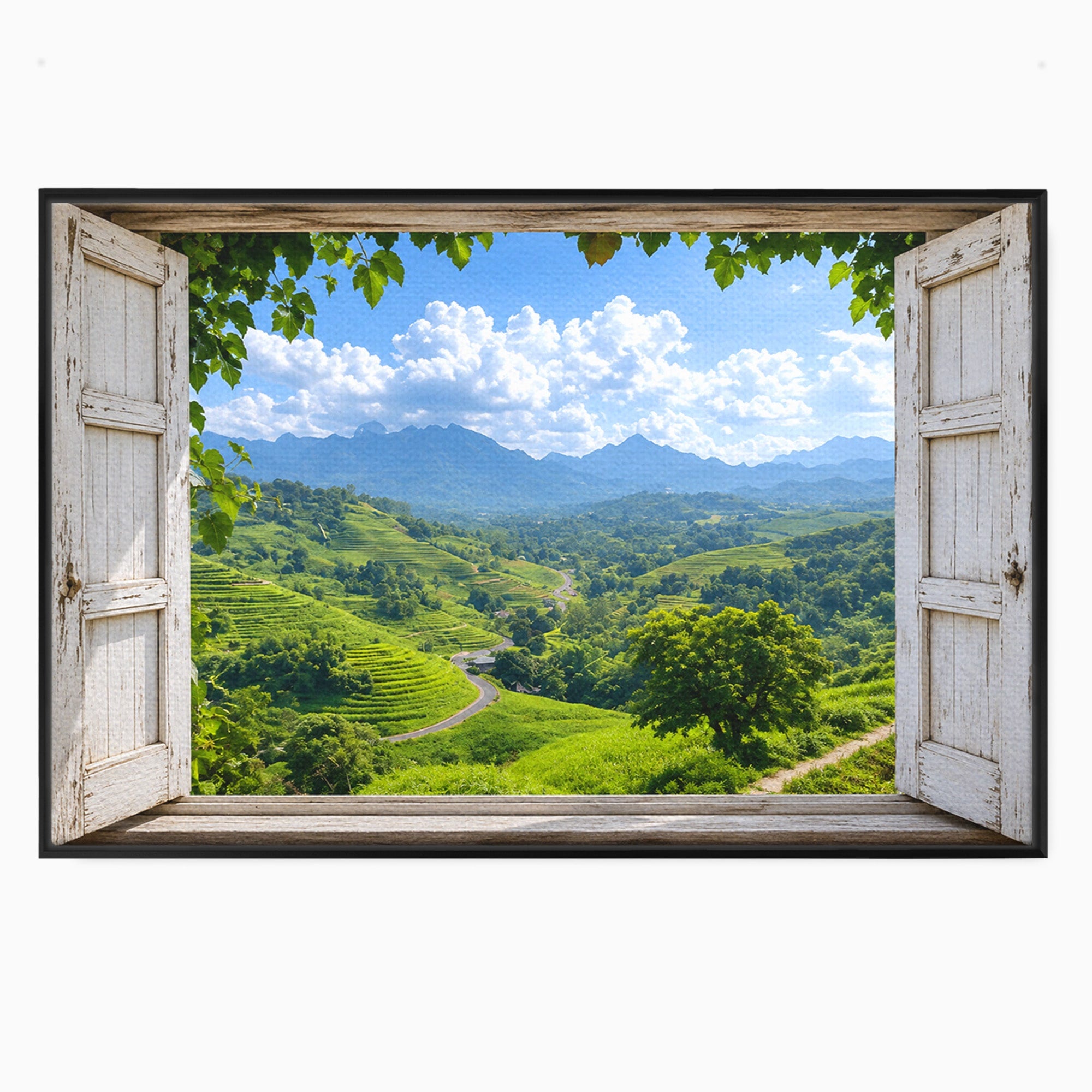 Tablou Canvas Premium LuxCanva® A1689, Priveliște Montană Din Fereastră, Peisaj, Munti, Fereastra, Natura, Living, Culori Vibrante