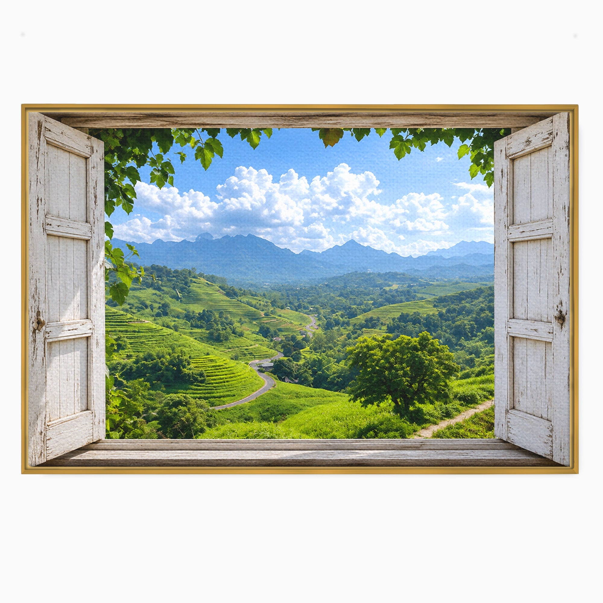 Tablou Canvas Premium LuxCanva® A1689, Priveliște Montană Din Fereastră, Peisaj, Munti, Fereastra, Natura, Living, Culori Vibrante