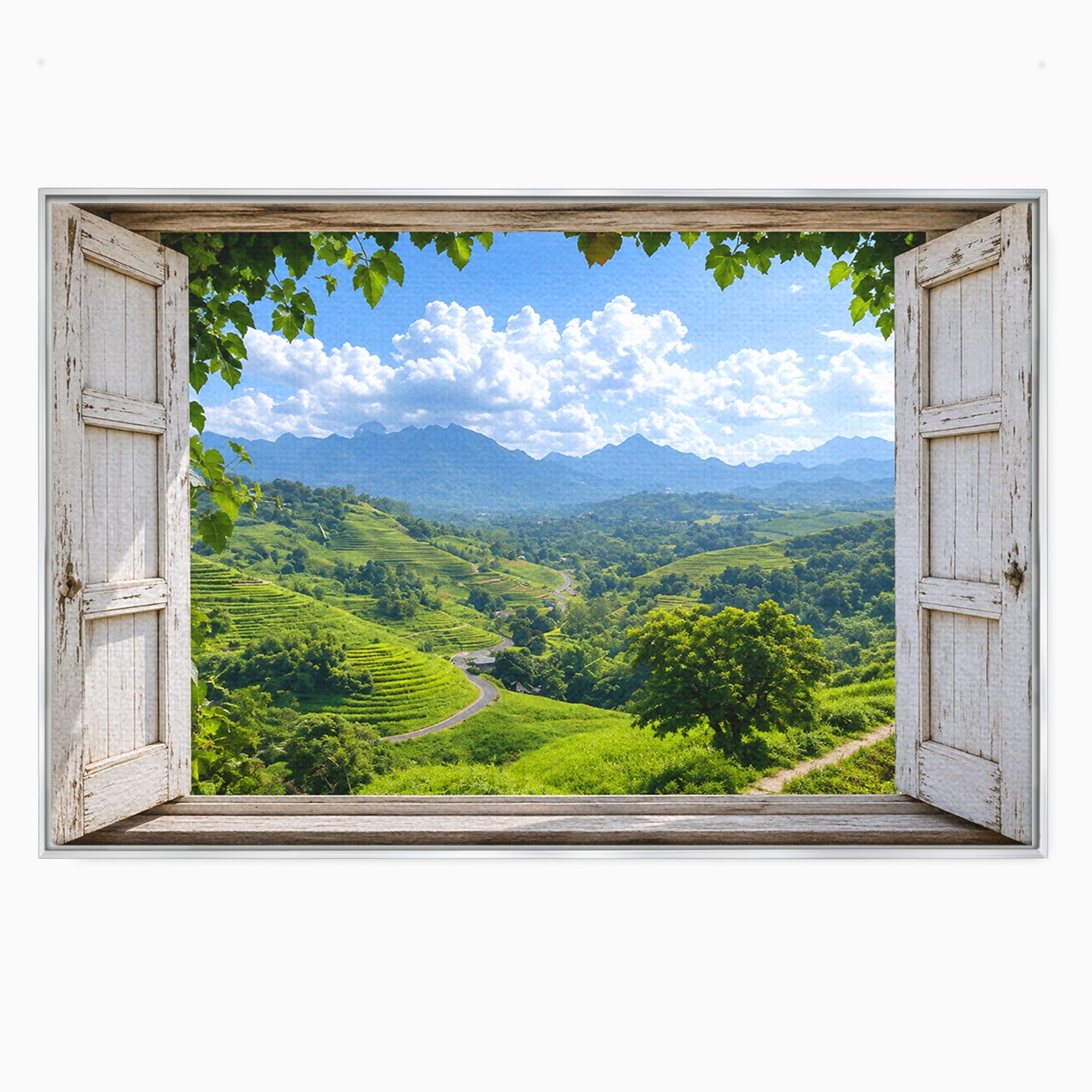 Tablou Canvas Premium LuxCanva® A1689, Priveliște Montană Din Fereastră, Peisaj, Munti, Fereastra, Natura, Living, Culori Vibrante