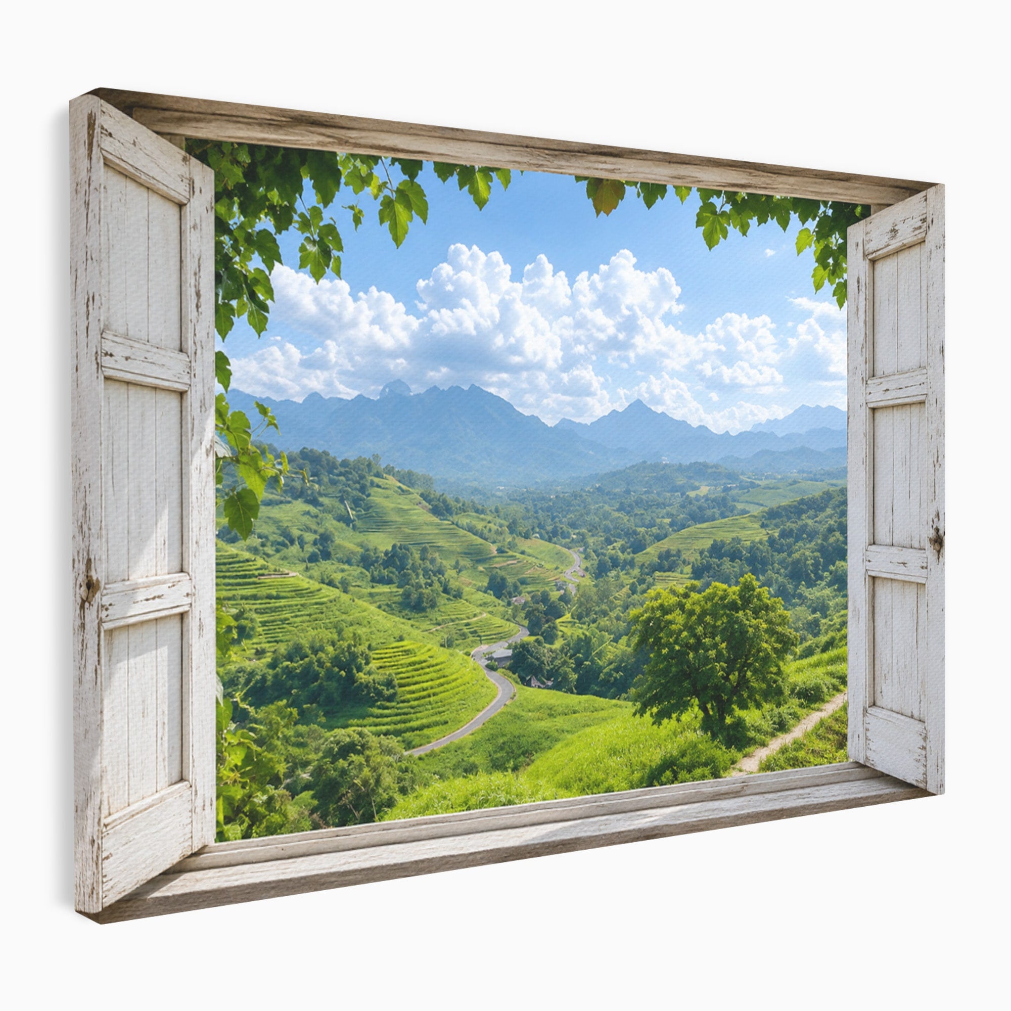Tablou Canvas Premium LuxCanva® A1689, Priveliște Montană Din Fereastră, Peisaj, Munti, Fereastra, Natura, Living, Culori Vibrante