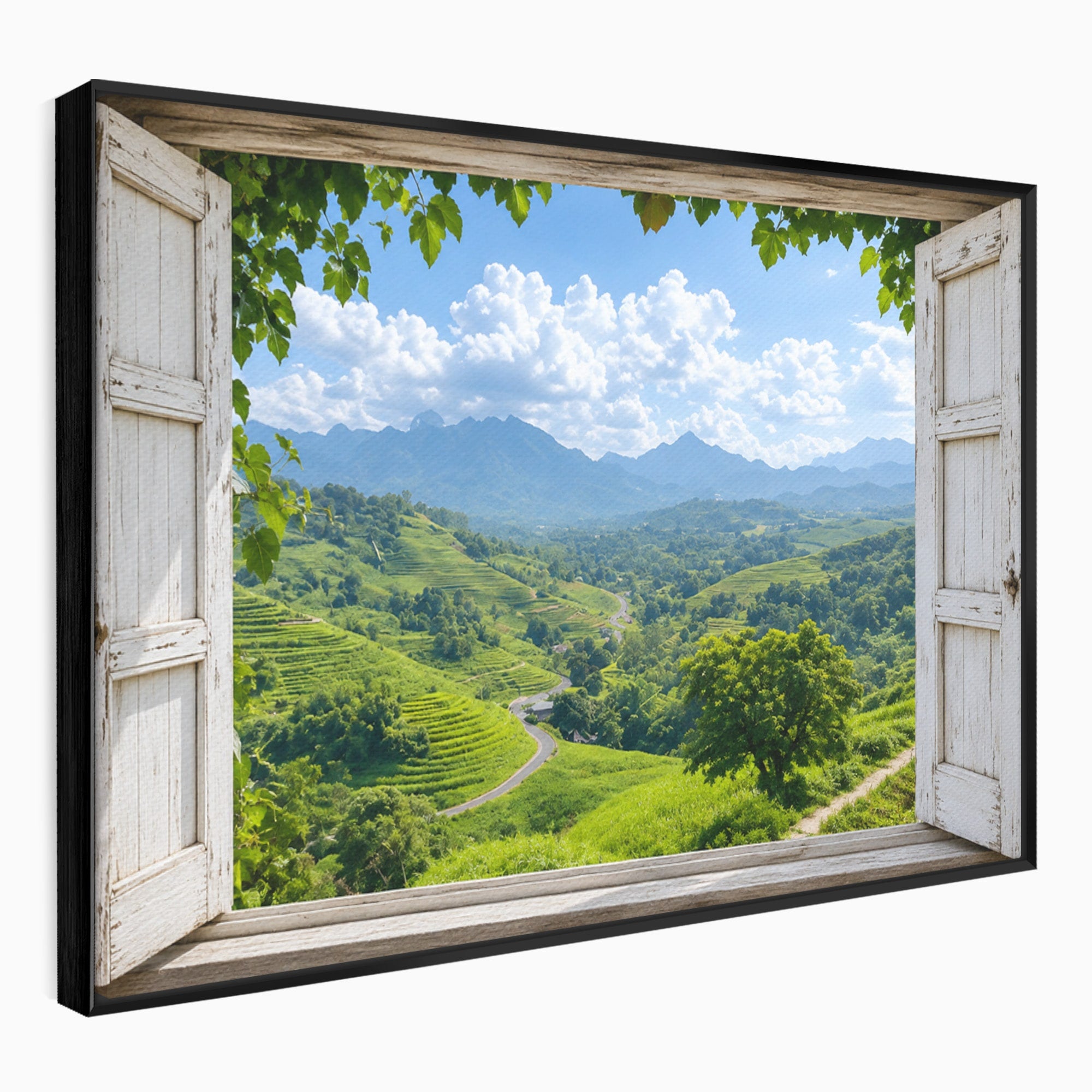 Tablou Canvas Premium LuxCanva® A1689, Priveliște Montană Din Fereastră, Peisaj, Munti, Fereastra, Natura, Living, Culori Vibrante