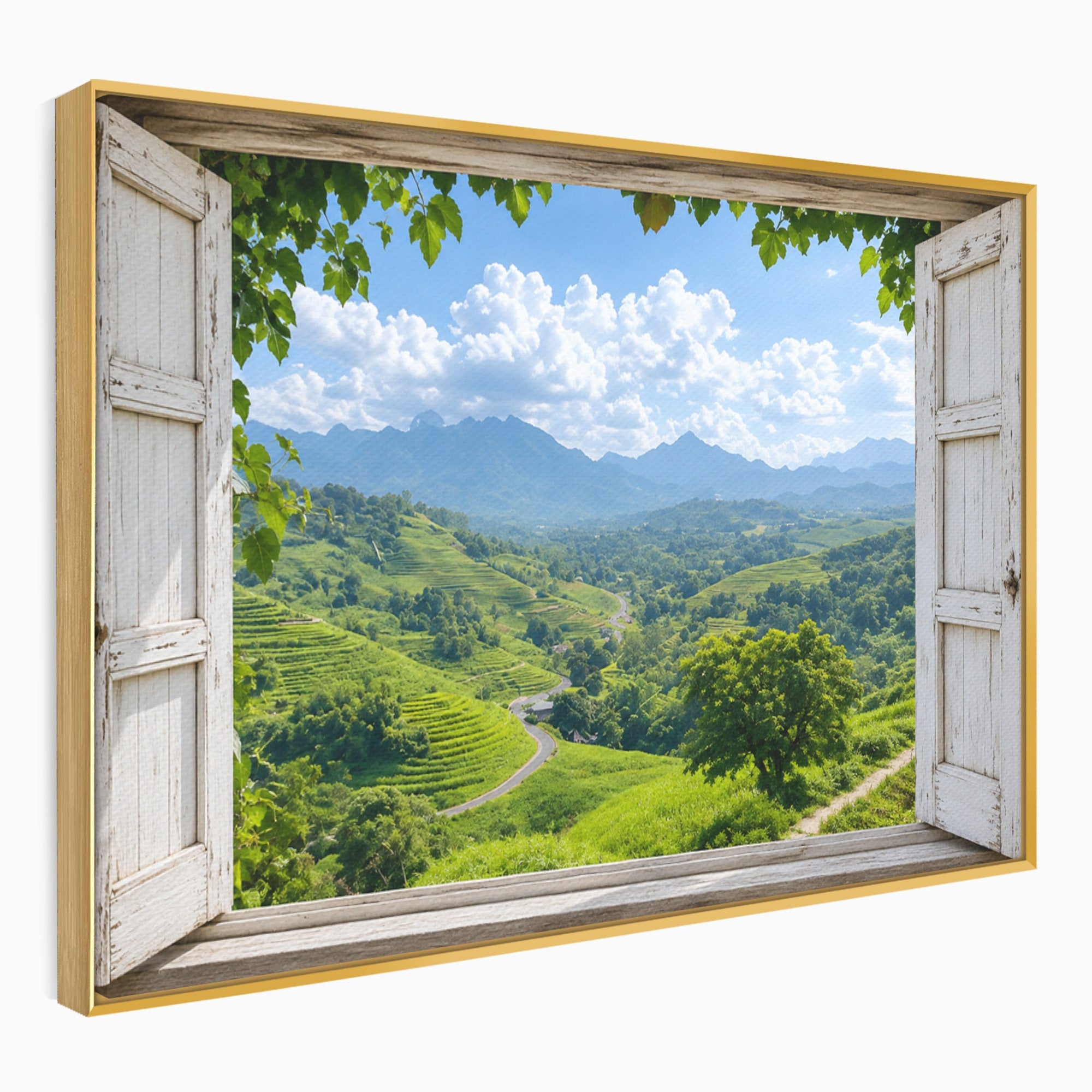 Tablou Canvas Premium LuxCanva® A1689, Priveliște Montană Din Fereastră, Peisaj, Munti, Fereastra, Natura, Living, Culori Vibrante