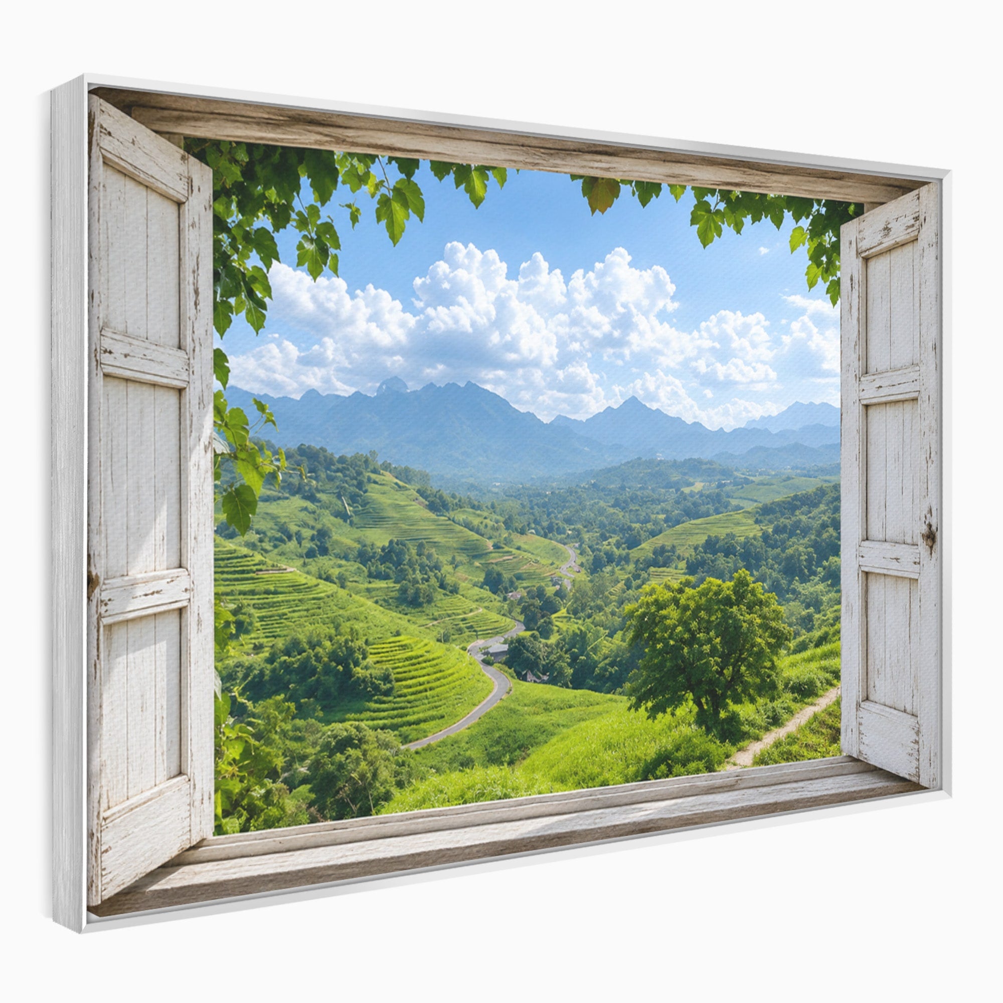 Tablou Canvas Premium LuxCanva® A1689, Priveliște Montană Din Fereastră, Peisaj, Munti, Fereastra, Natura, Living, Culori Vibrante