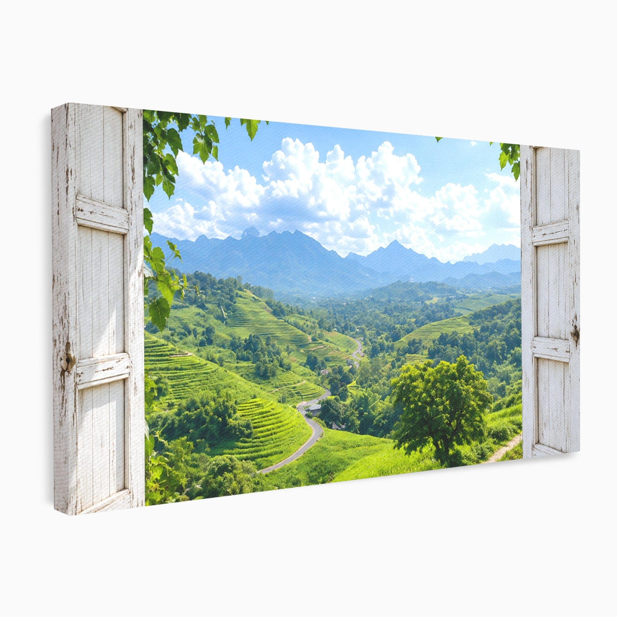 Tablou Canvas Premium LuxCanva® A1689, Priveliște Montană Din Fereastră, Peisaj, Munti, Fereastra, Natura, Living, Culori Vibrante