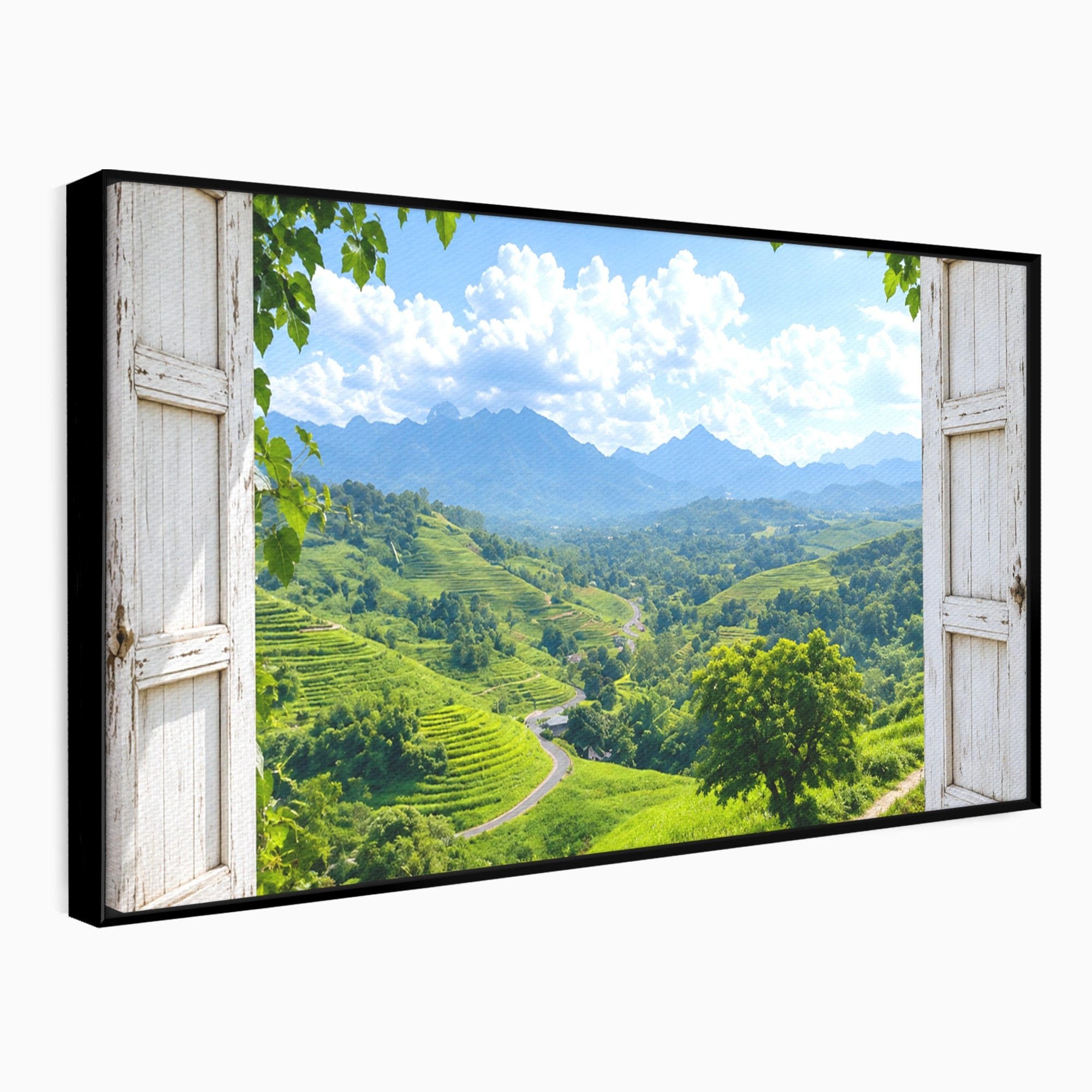 Tablou Canvas Premium LuxCanva® A1689, Priveliște Montană Din Fereastră, Peisaj, Munti, Fereastra, Natura, Living, Culori Vibrante