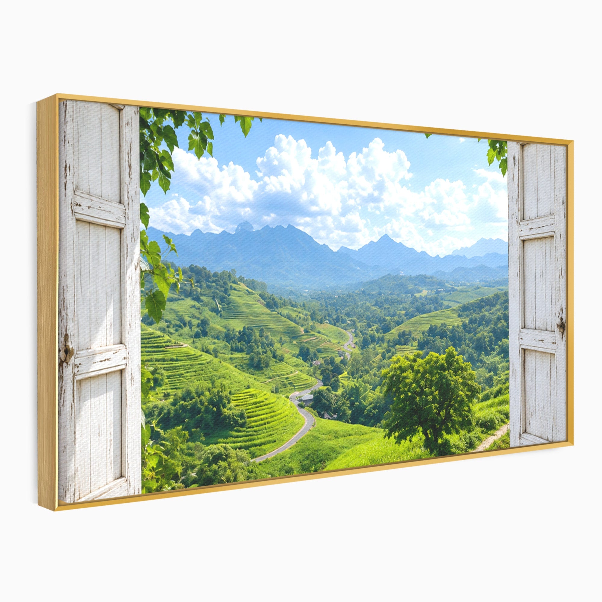 Tablou Canvas Premium LuxCanva® A1689, Priveliște Montană Din Fereastră, Peisaj, Munti, Fereastra, Natura, Living, Culori Vibrante