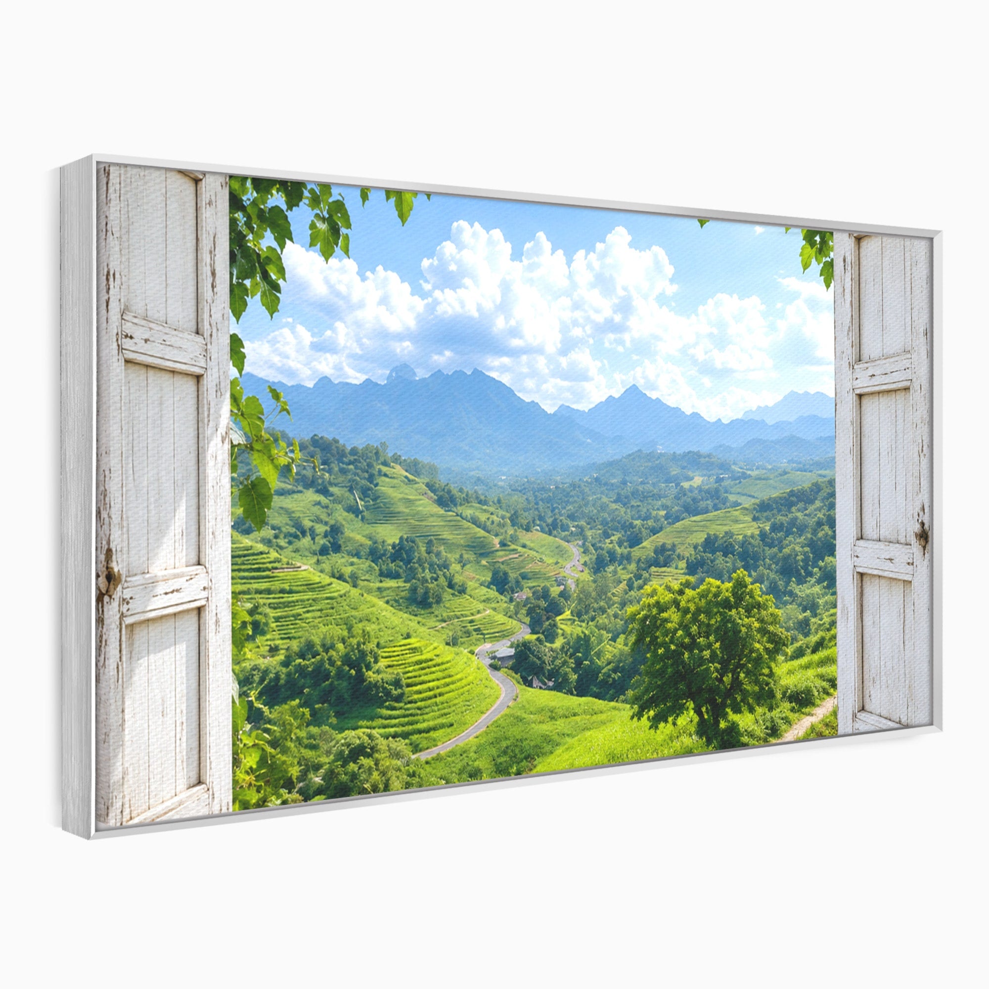 Tablou Canvas Premium LuxCanva® A1689, Priveliște Montană Din Fereastră, Peisaj, Munti, Fereastra, Natura, Living, Culori Vibrante