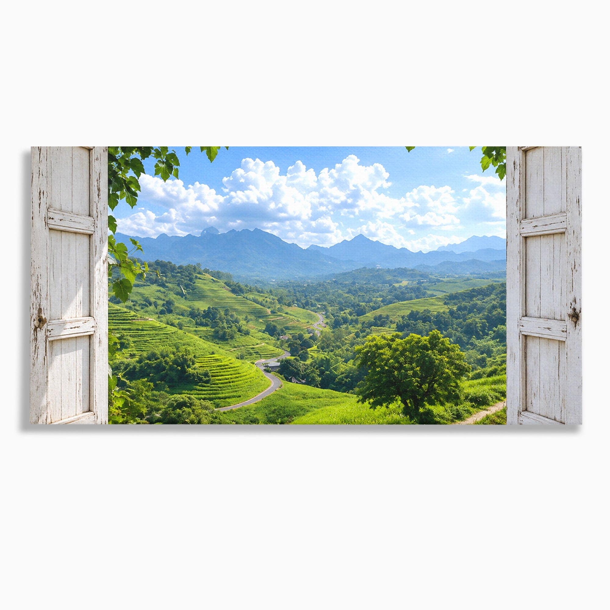 Tablou Canvas Premium LuxCanva® A1689, Priveliște Montană Din Fereastră, Peisaj, Munti, Fereastra, Natura, Living, Culori Vibrante