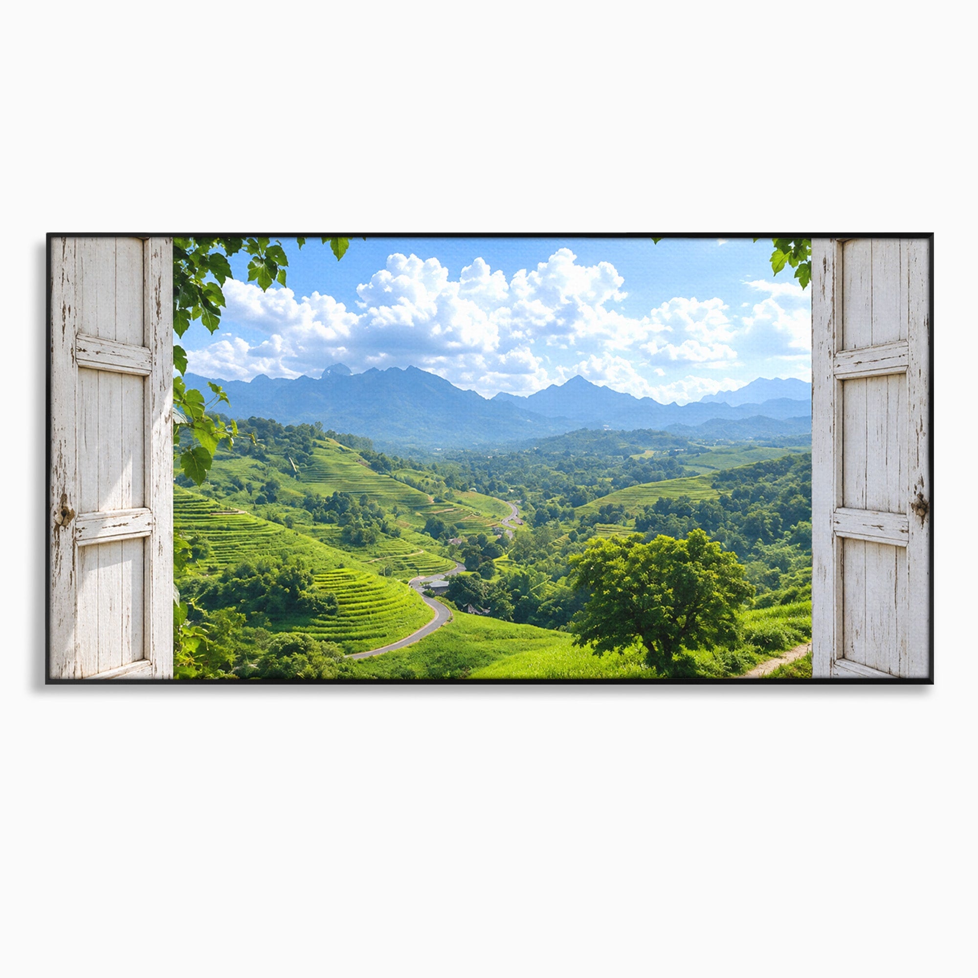 Tablou Canvas Premium LuxCanva® A1689, Priveliște Montană Din Fereastră, Peisaj, Munti, Fereastra, Natura, Living, Culori Vibrante