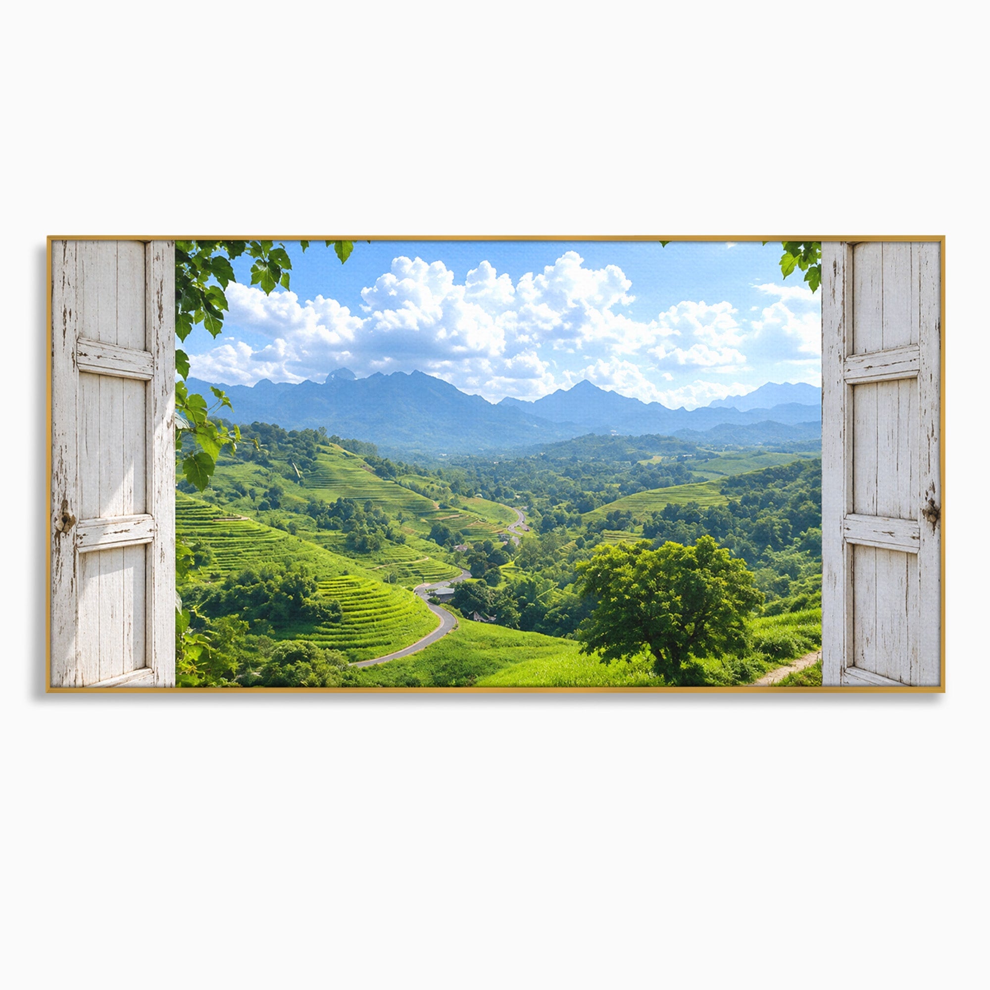 Tablou Canvas Premium LuxCanva® A1689, Priveliște Montană Din Fereastră, Peisaj, Munti, Fereastra, Natura, Living, Culori Vibrante