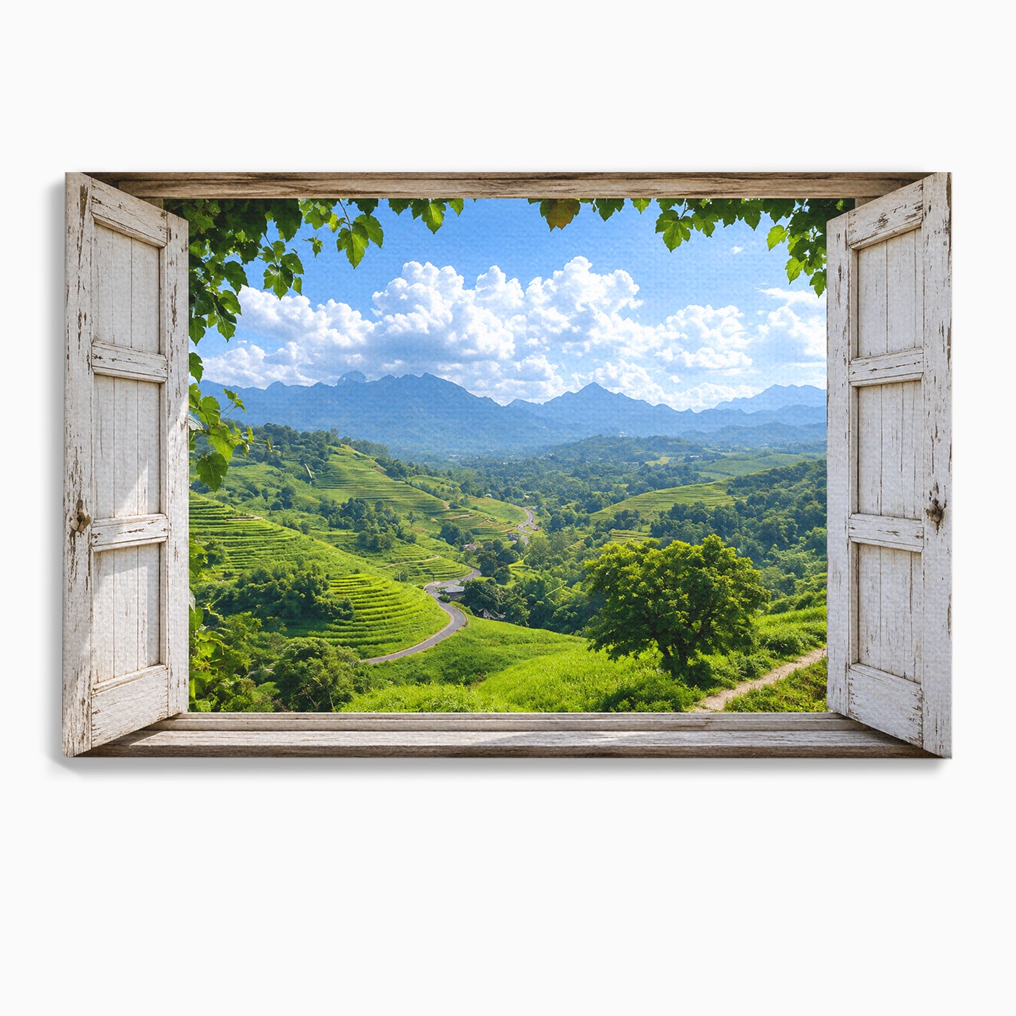 Tablou Canvas Premium LuxCanva® A1689, Priveliște Montană Din Fereastră, Peisaj, Munti, Fereastra, Natura, Living, Culori Vibrante